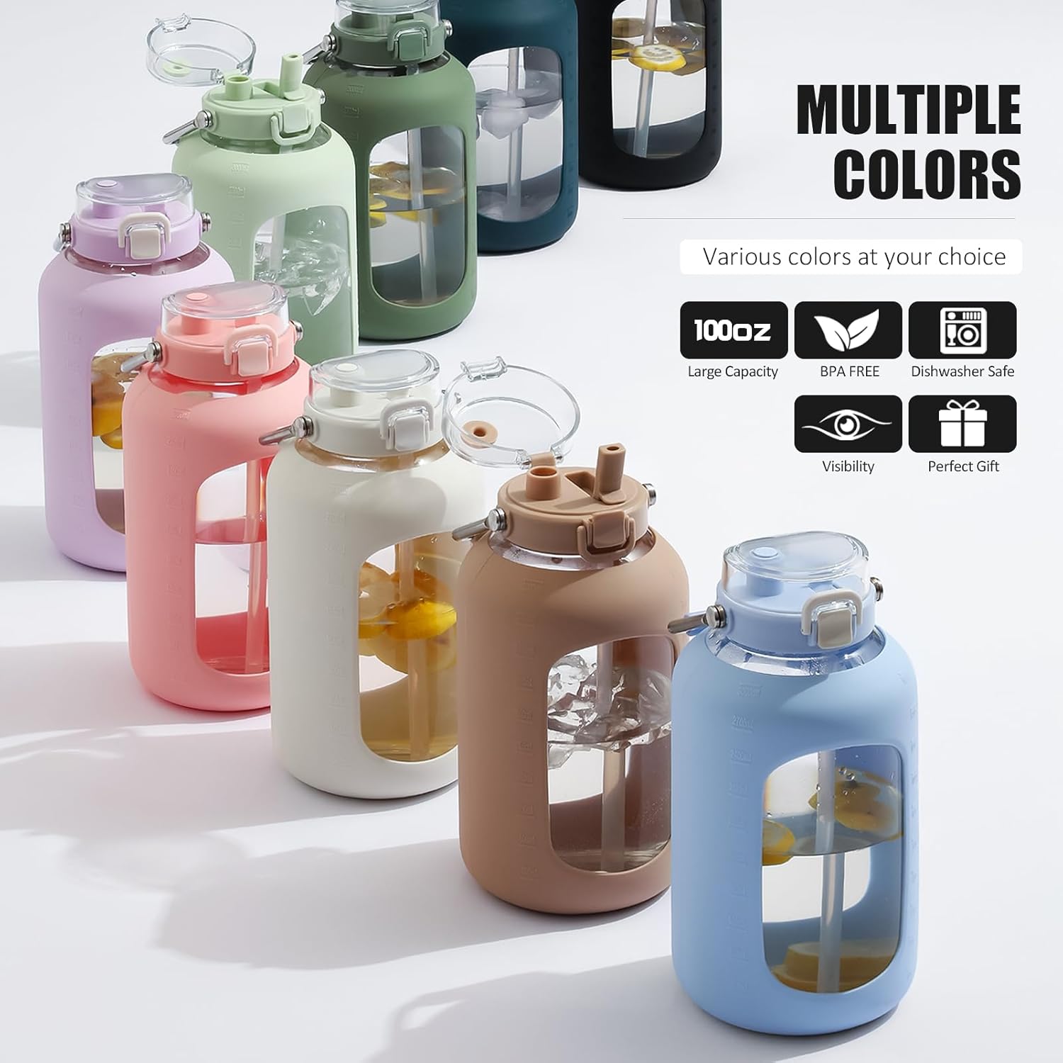 Thumbnail 6 de WINSA 100 oz Glass Water Bottle with 3 L Capacity, 2-in-1 Straw Lid & Stainless Steel Handle