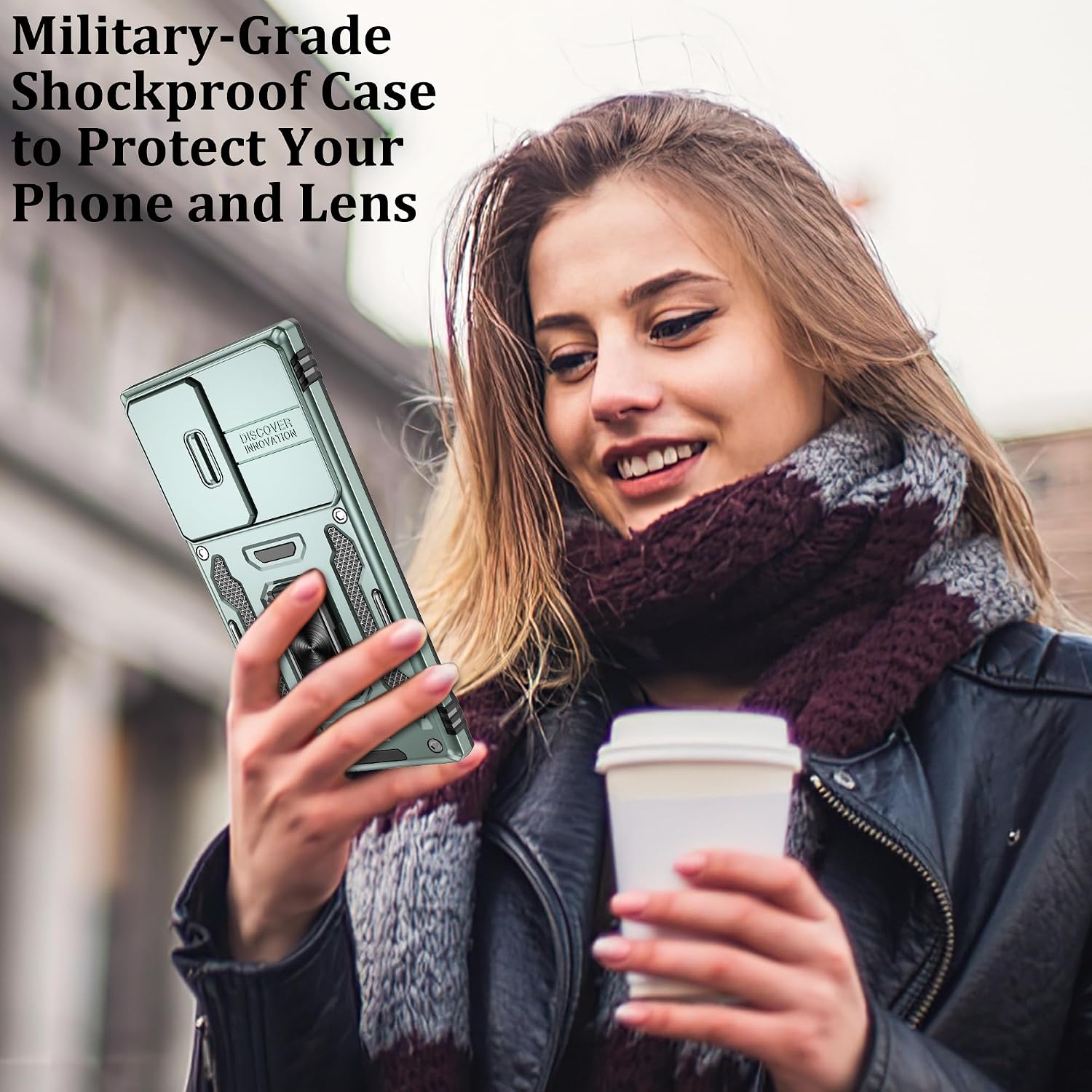 Detalle 2 de Jshru Military-Grade Shockproof Case for Samsung Galaxy S23 Ultra with Slide Camera Cover & 360° Ring Kickstand (Alpine Green)