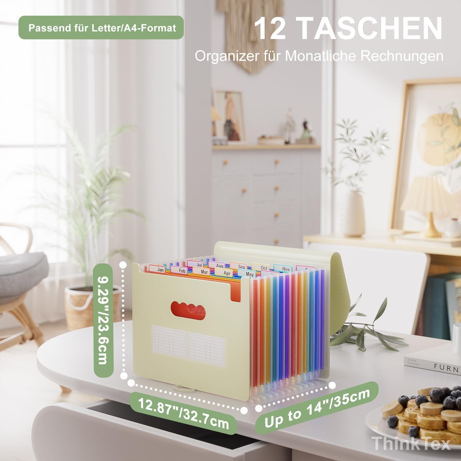 Detalle de ThinkTex 12‑Fächer Dokumentenmappe A4 – Morandi Gelb (Sortiermappe mit Kordelzug und Verschlussknopf)