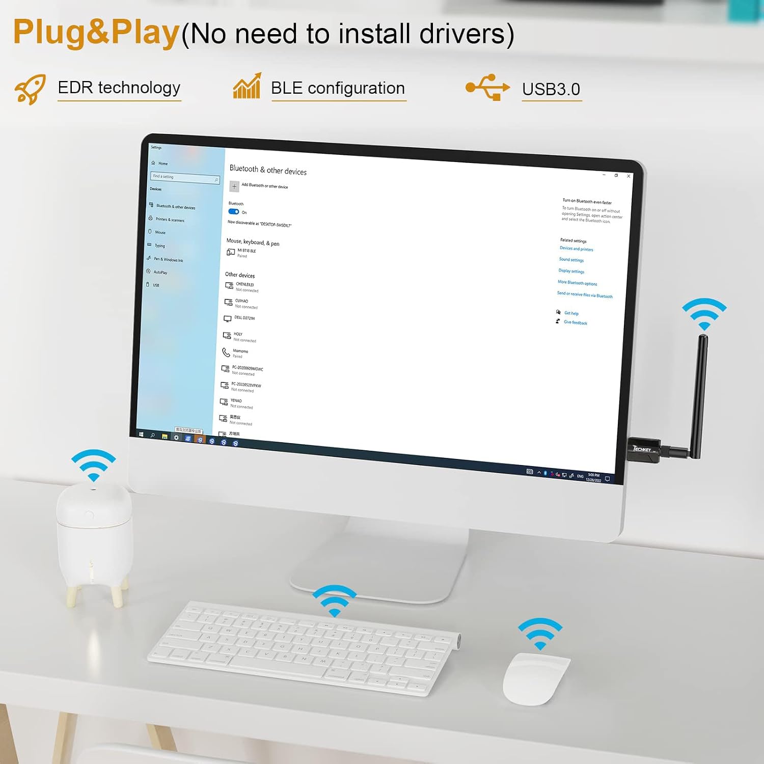 Detalle 2 de Techkey Long Range USB Bluetooth 5.3 Adapter (Class 1, up to 328ft) for Desktop PC