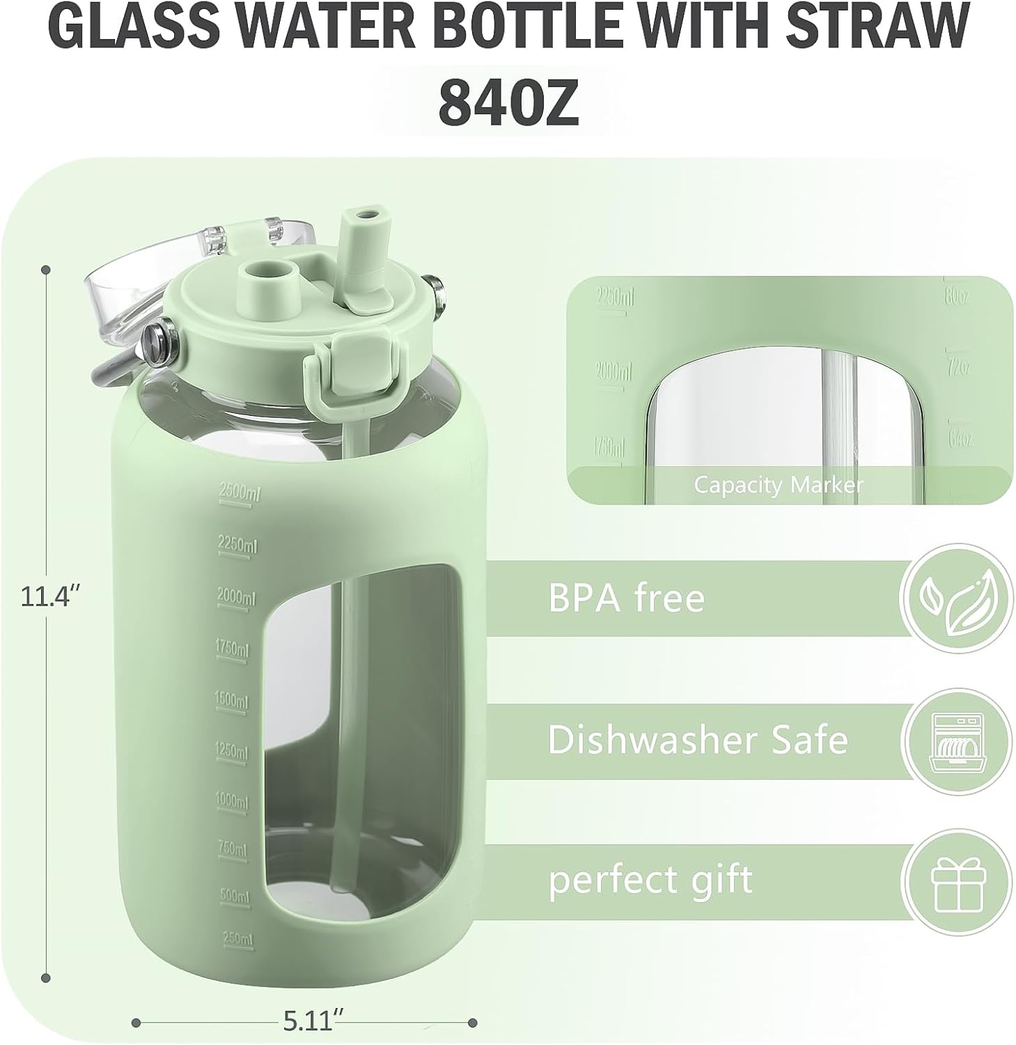 Detalle 2 de BLUEGO Trinkflasche Glas 2,5 l mit Zeitmarkierungen