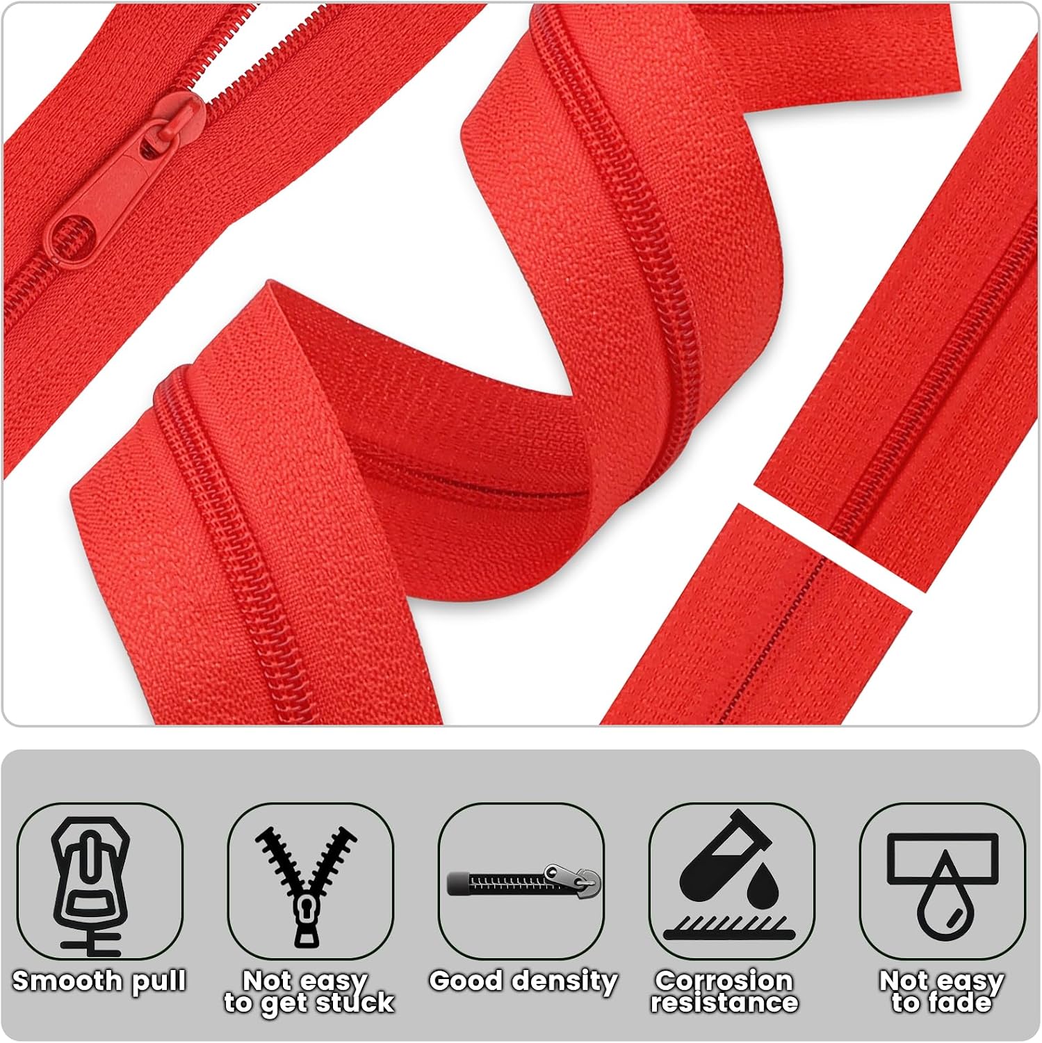 Thumbnail 2 de Endlos Reißverschluss mit Zipper 3mm – 11 m Nylon Meterware + 25 Metall-Zipper in Rot (#3)
