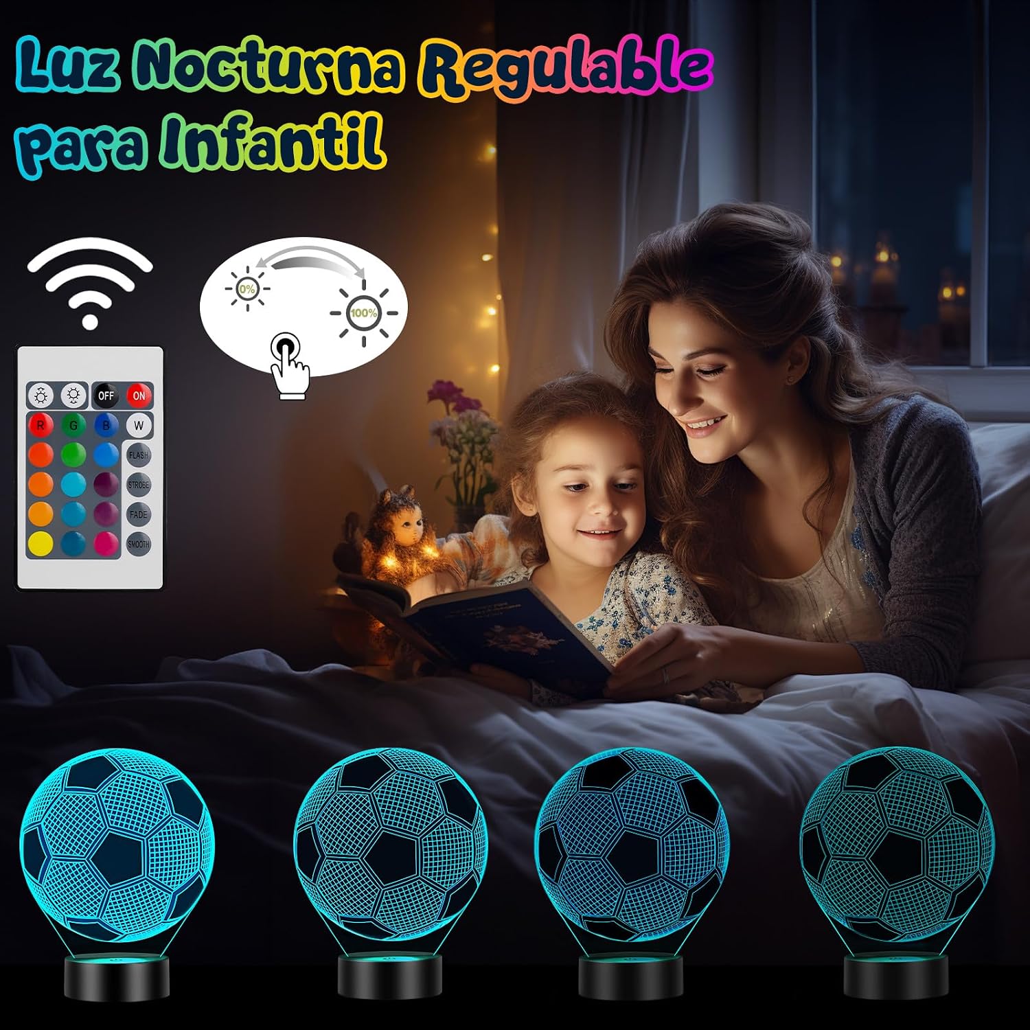 Thumbnail 3 de Linkax Luz Nocturna 3D Fútbol Infantil: Ilusión Óptica, 16 Colores y Control Remoto