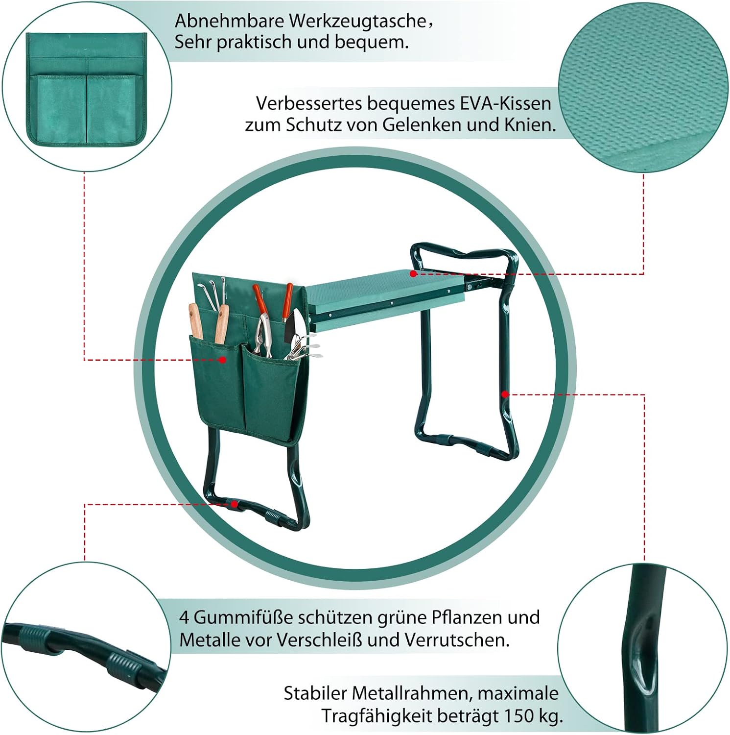 Detalle 2 de LZQ Foldable Garden Kneeler and Seat, 150 kg, EVA Cushion and Tool Bag