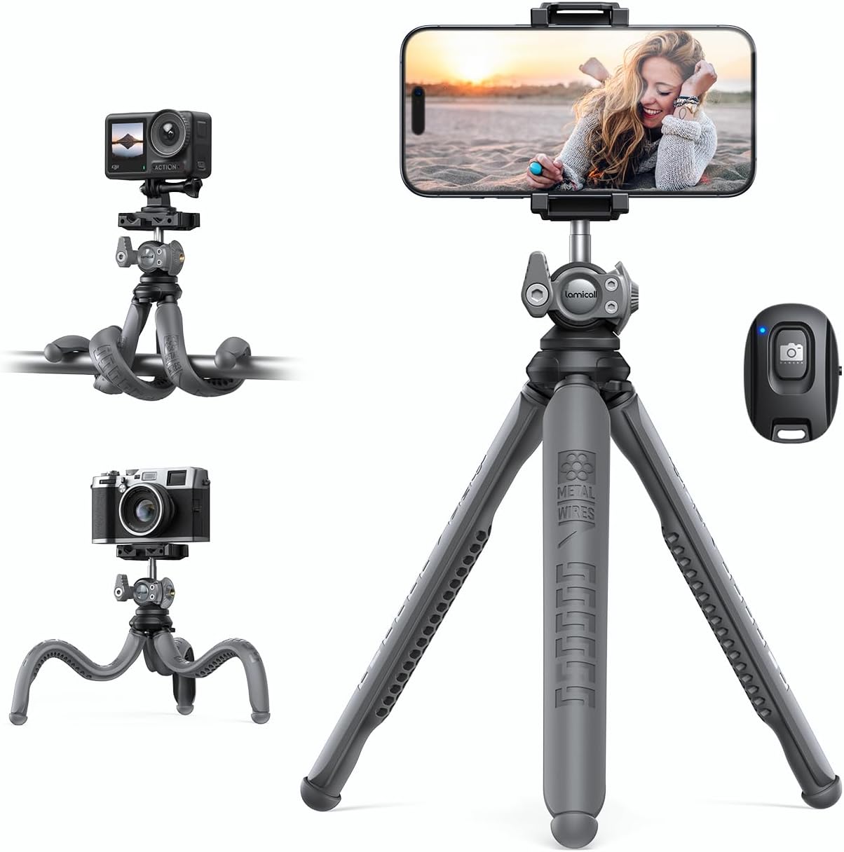 Detalle de Lamicall mobile phone tripod with flexible legs and 360° rotation (grey)