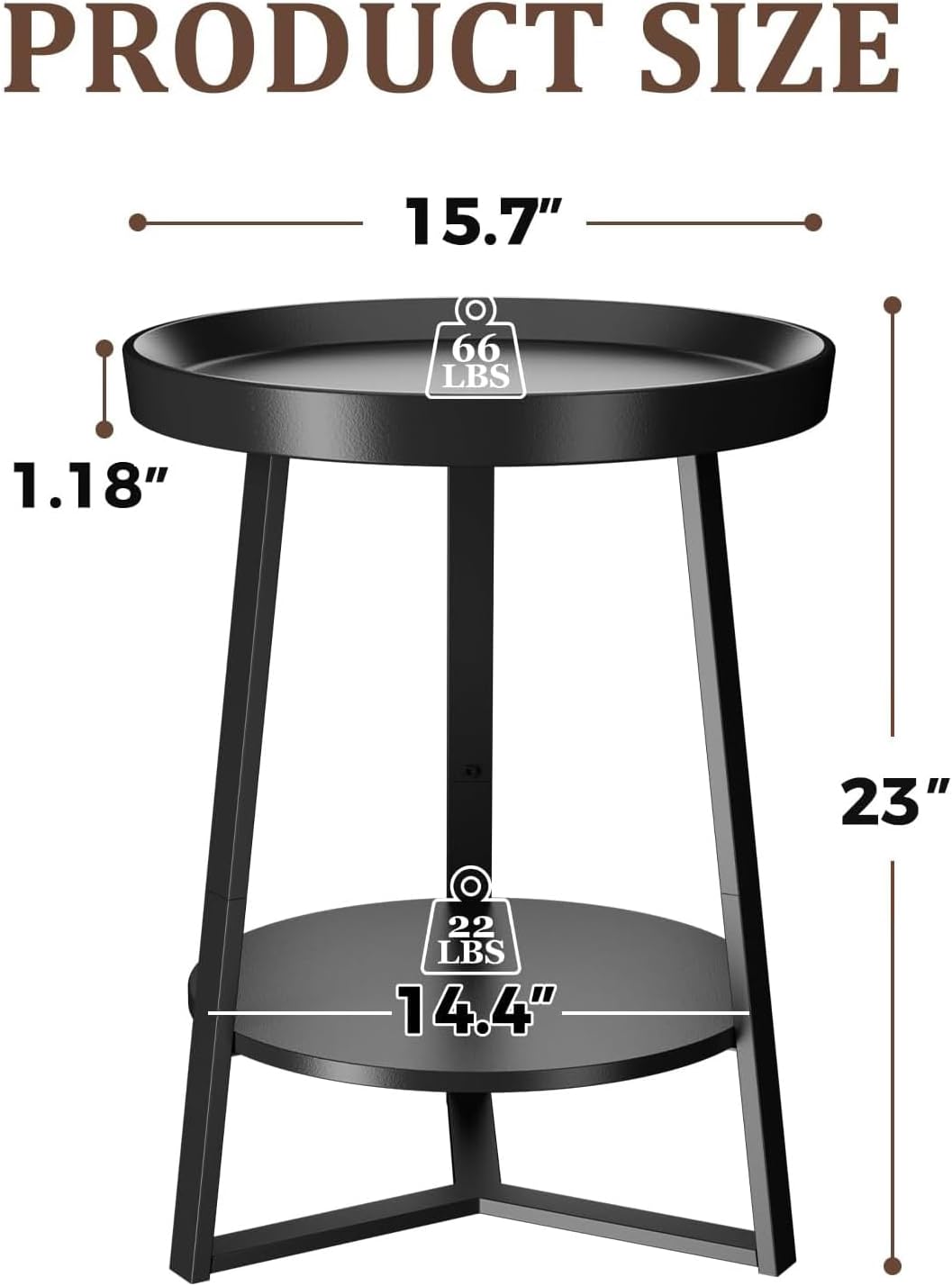 Detalle de Gadroad 02ST024A Round End Table, Two-Tier Storage, Black Metal Frame