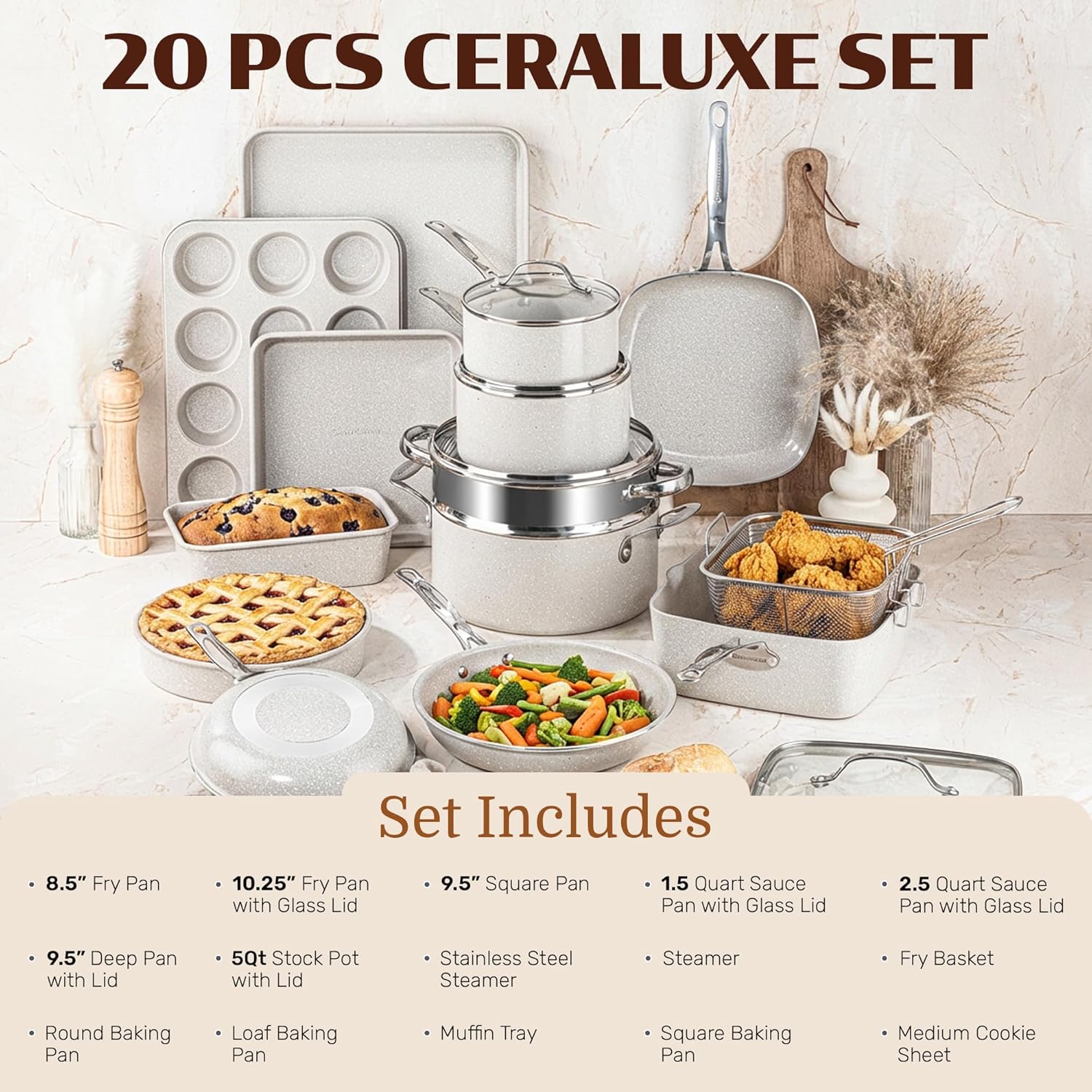 Thumbnail 1 de Granitestone Ceraluxe 20 Pc Ceramic Cookware Set (Nonstick) with 5 Pc Bakeware + Fry Pan Set & Steamer