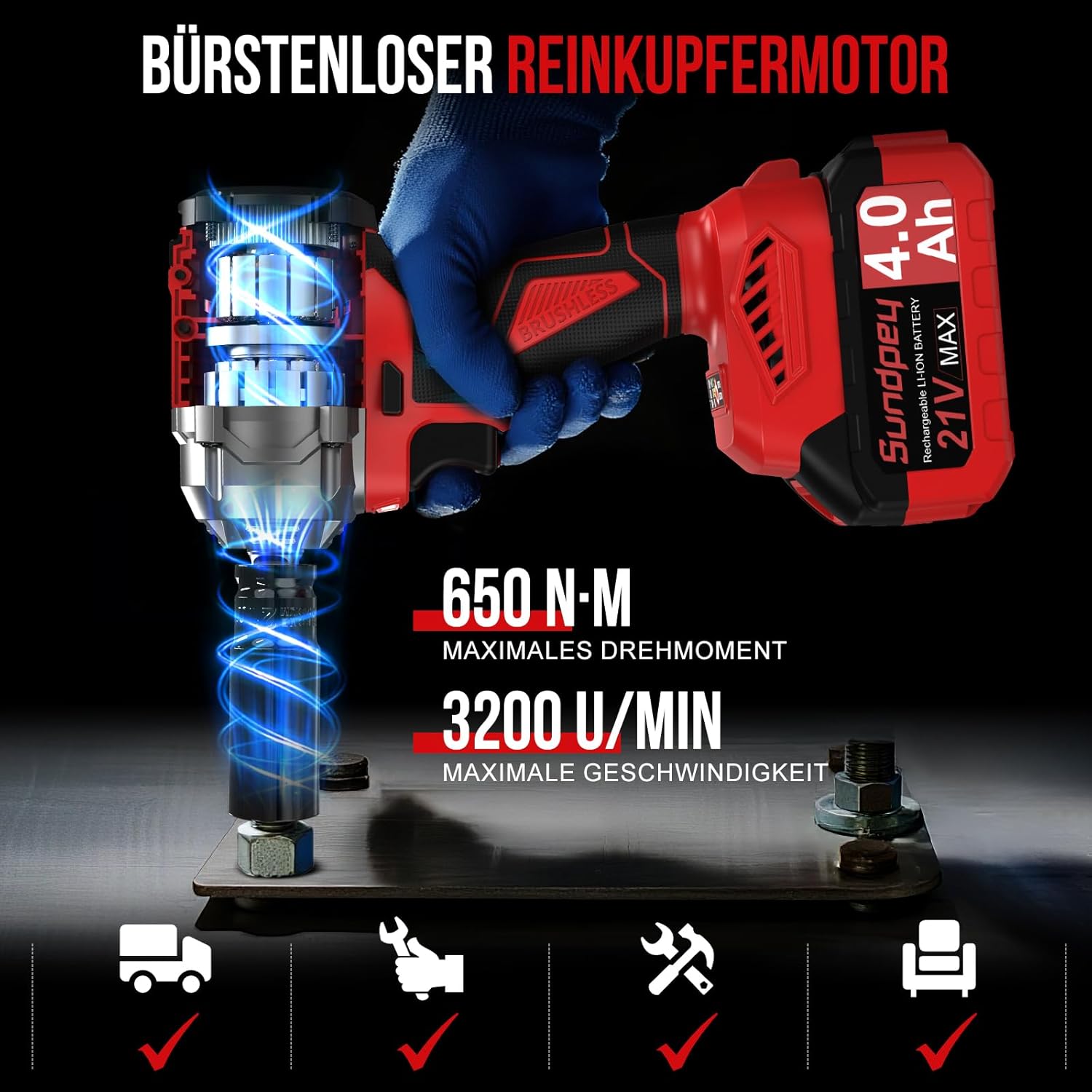 Thumbnail 1 de Sundpey Akku Schlagschrauber 650 Nm – 1/2 Zoll, bürstenlos, 3 Geschwindigkeiten, 2x 4000 mAh, LED-Licht, Koffer