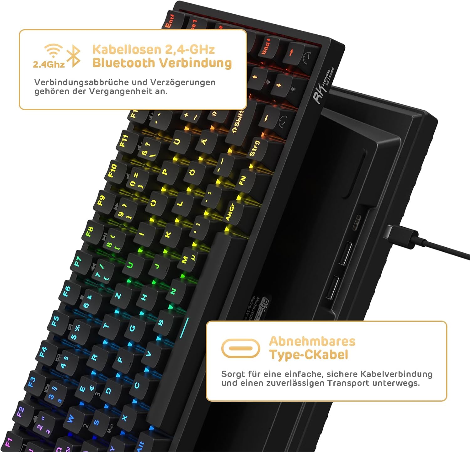Thumbnail 1 de RK ROYAL KLUDGE RK84-DE : clavier de jeu 75 % Bluetooth & 2,4 GHz rétroéclairage RVB, QWERTZ