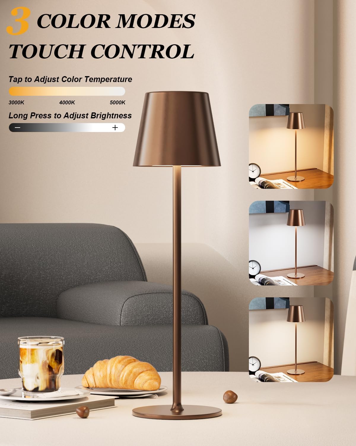 Thumbnail 1 de Aooshine Cordless Table Lamps (Set of 2) with Touch Control – 3-Colour Modes, USB-C Rechargeable, Brown