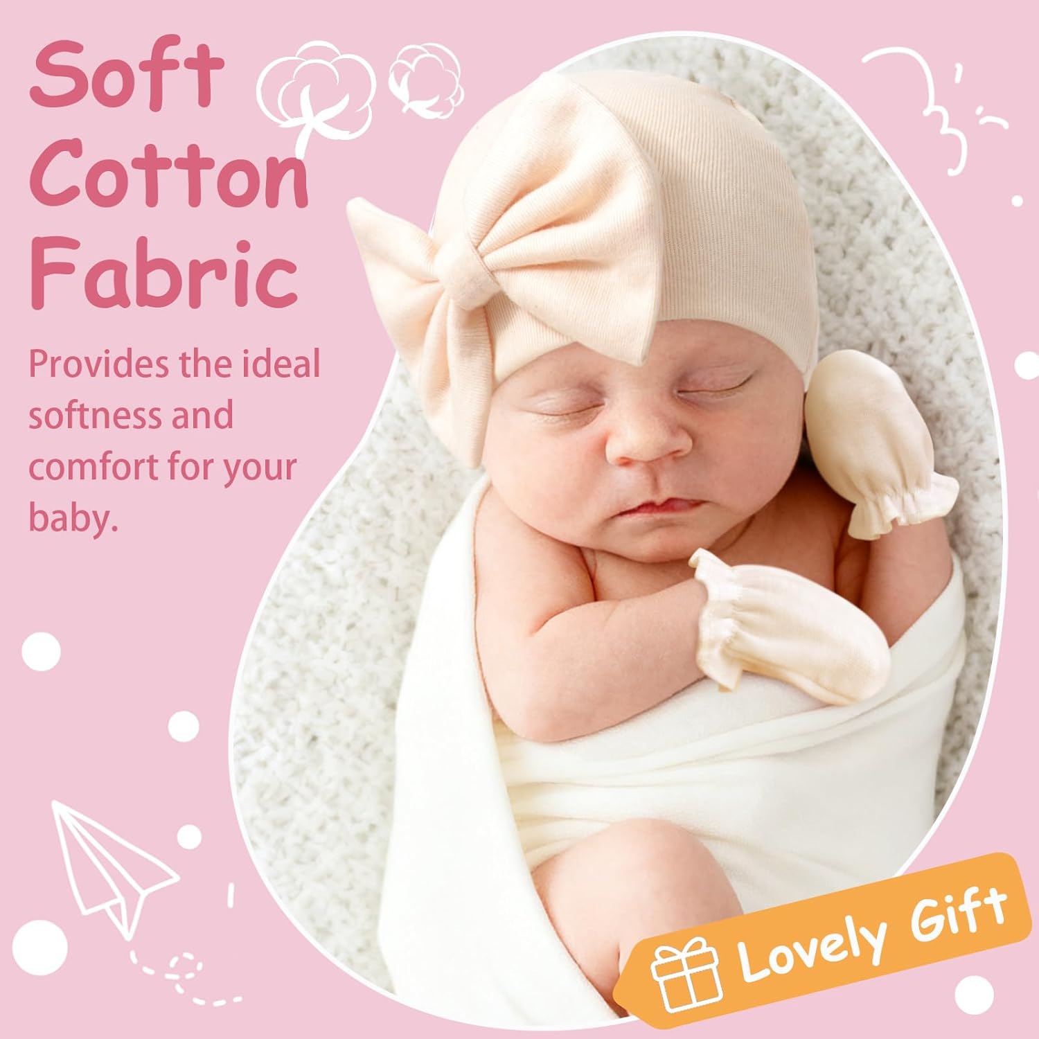 Thumbnail 1 de DRESHOW Newborn Baby Hats Mittens Set: Soft Cotton Beanies with Scratch-Free Mittens for 0–6 Months