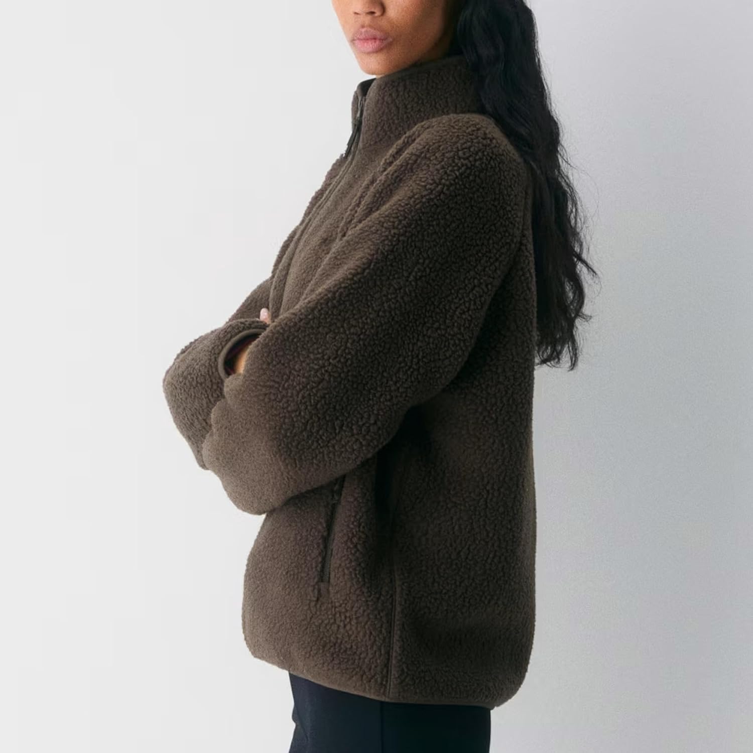 Detalle 1 de Hixiaohe Women's Sherpa Fleece Jacket, Full Zip with Mock Neck and Pockets