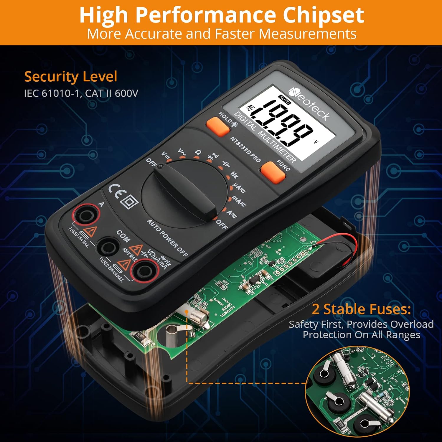 Detalle de Neoteck 8233D PRO Auto-Ranging Digital Multimeter, 2000 Count, Backlit LCD