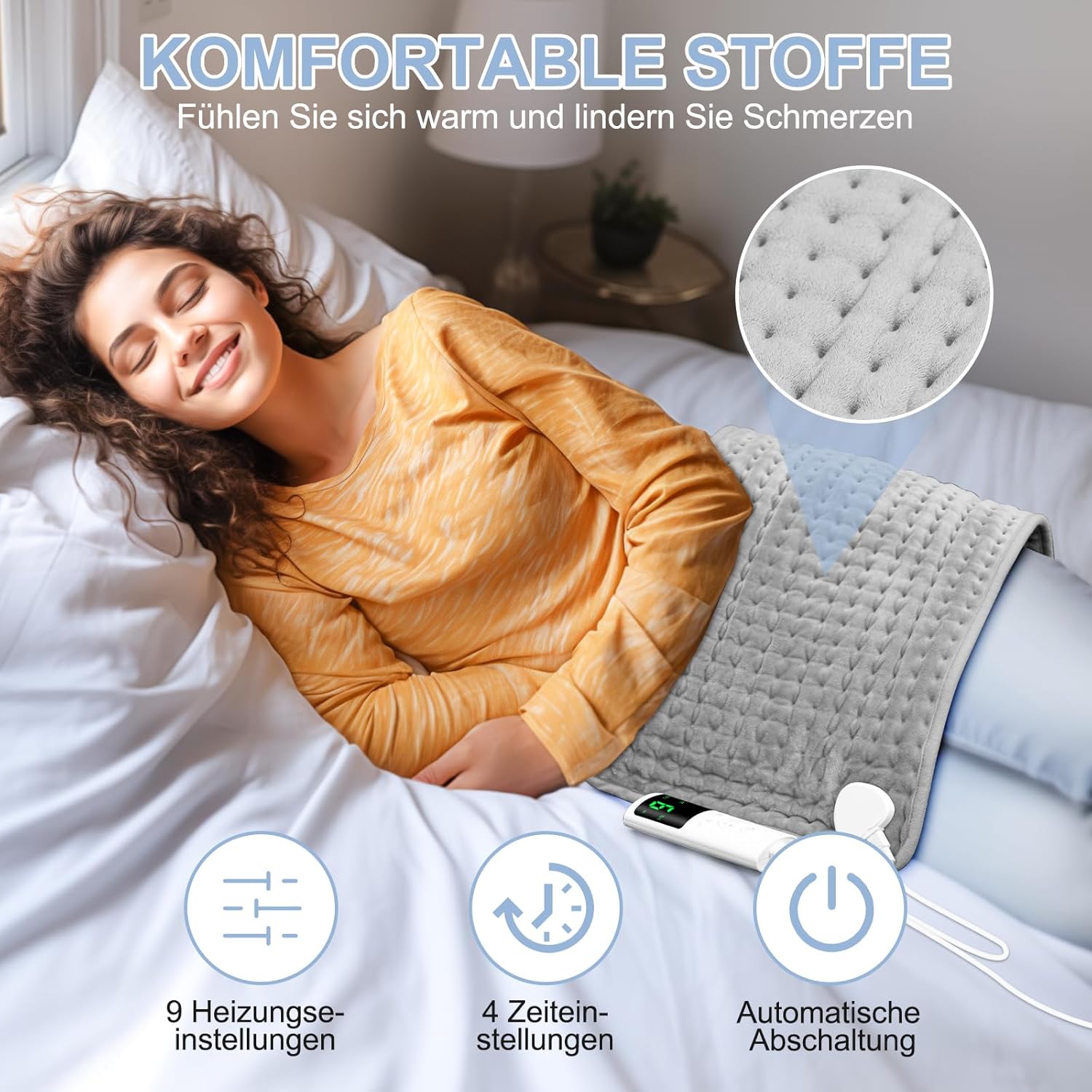 Detalle de UOHHBOE Heizkissen 75W (60×30 cm) mit PTC-Schnellheizung, 9 Temperaturstufen & 4-Stunden-Timer