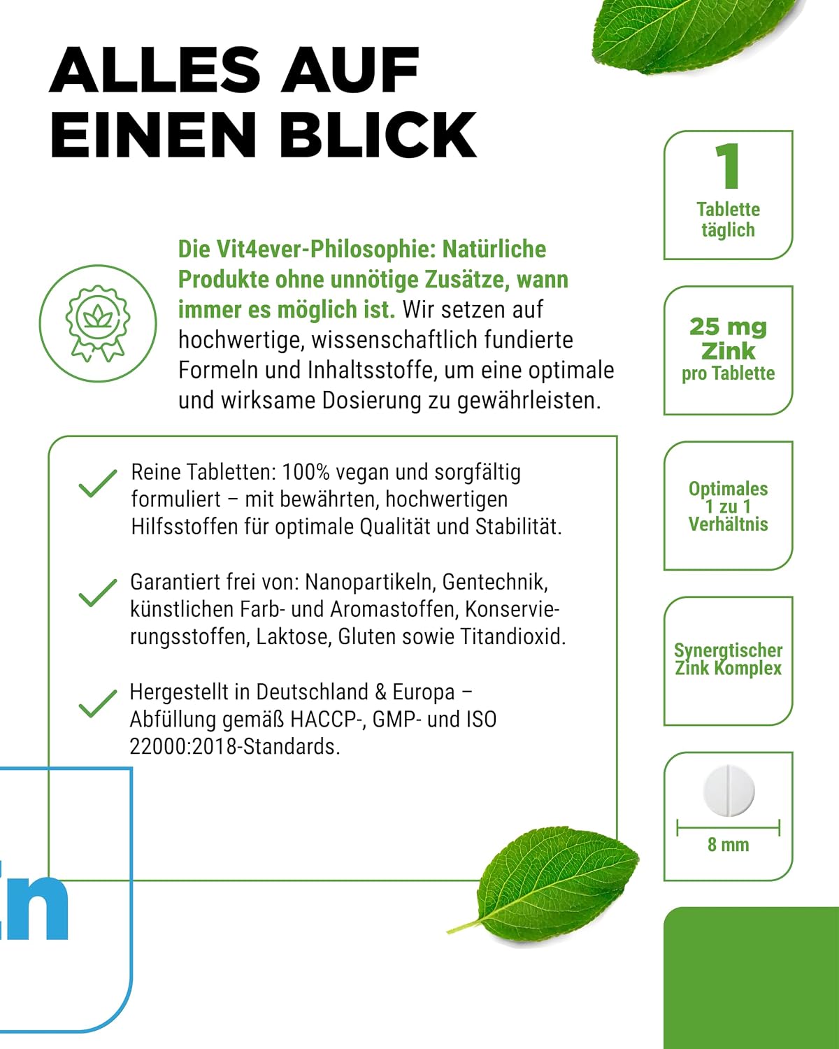 Detalle 2 de vit4ever Zink Komplex 25 mg – 400 Tabletten (3 bioaktive Zinkformen, vegan)