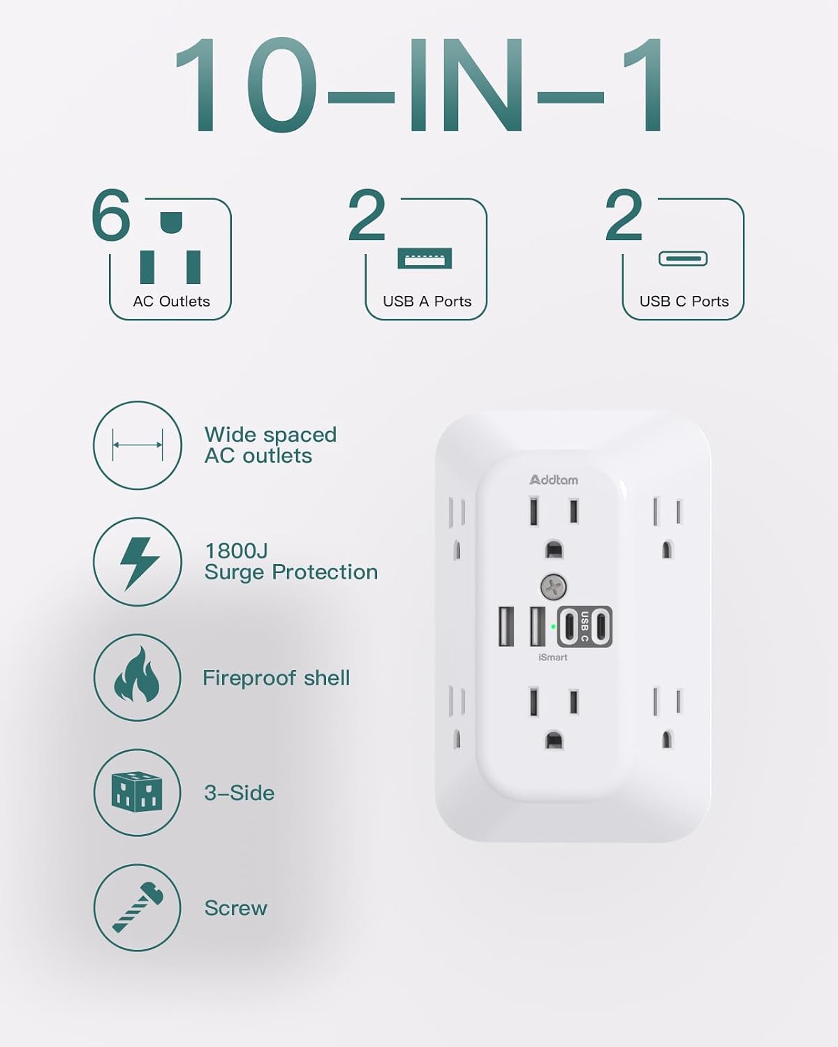 Detalle de Addtam AD5110 Surge Protector Outlet Extender with 6 AC Outlets and 4 USB Ports