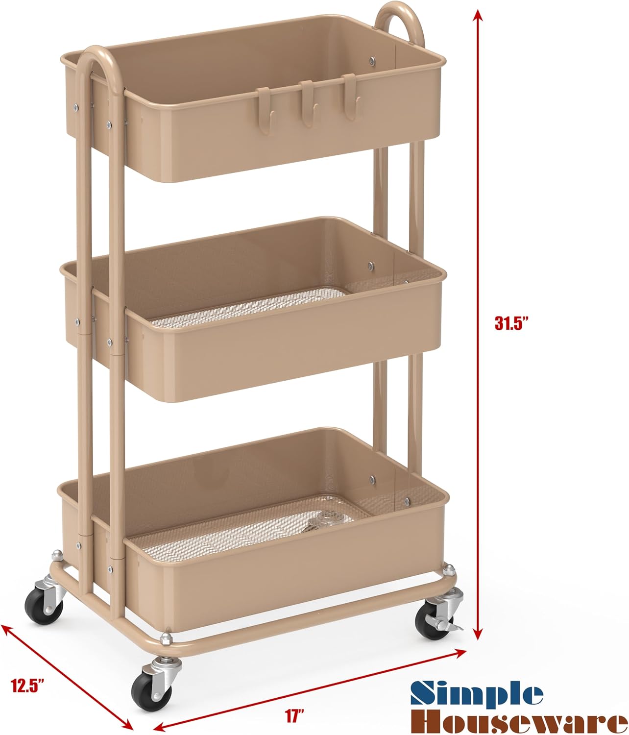 Detalle 2 de Simple Houseware CB-10C-I 3-Tier Metal Rolling Utility Cart, Khaki