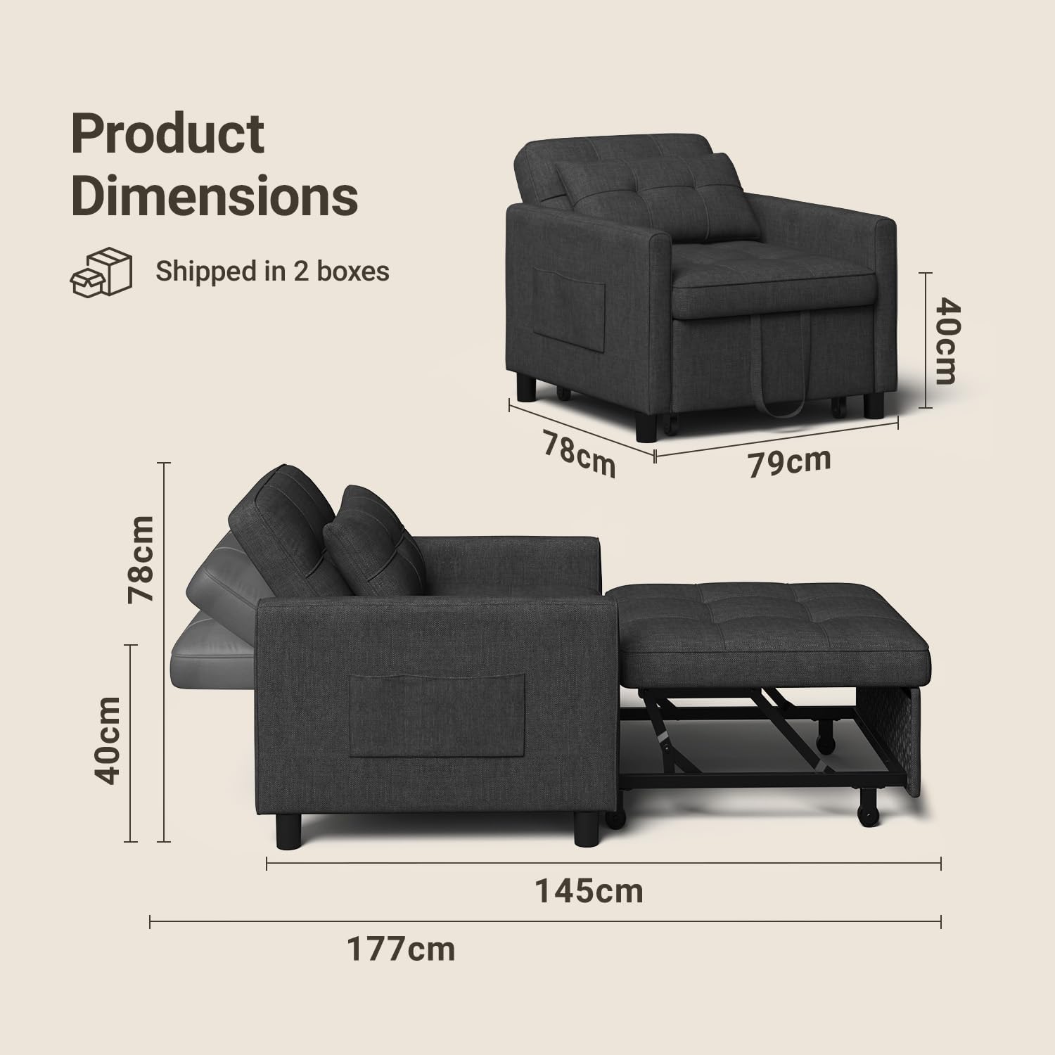 Thumbnail 2 de Xbro 3-in-1 fauteuil-bed, inklapbaar, donkergrijs met verstelbare rugleuning
