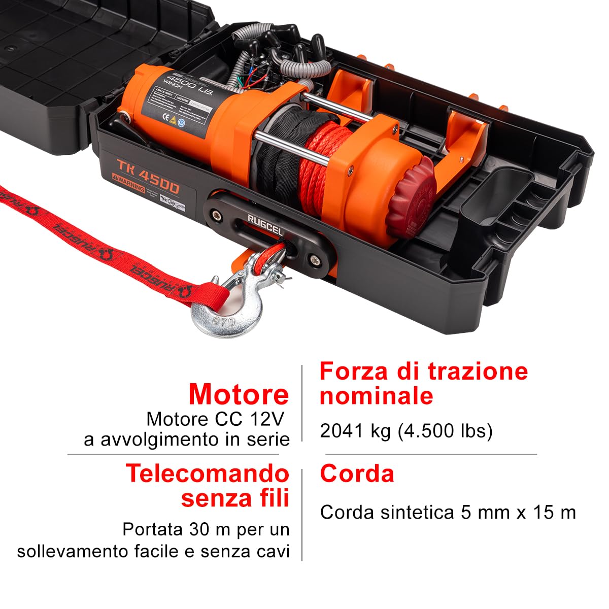 Detalle 2 de Verricello portatile Rugcel Winch 12V DC da 4500 lb: portatile, resistente e completo di accessori