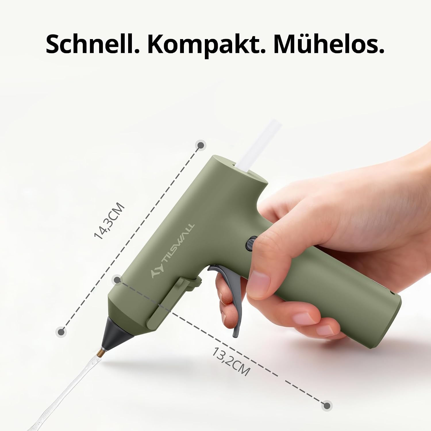 Detalle de Tilswall Kabellose Akku-Heißklebepistole (2000mAh) – 20 Premium-Klebestifte, Olivgrün
