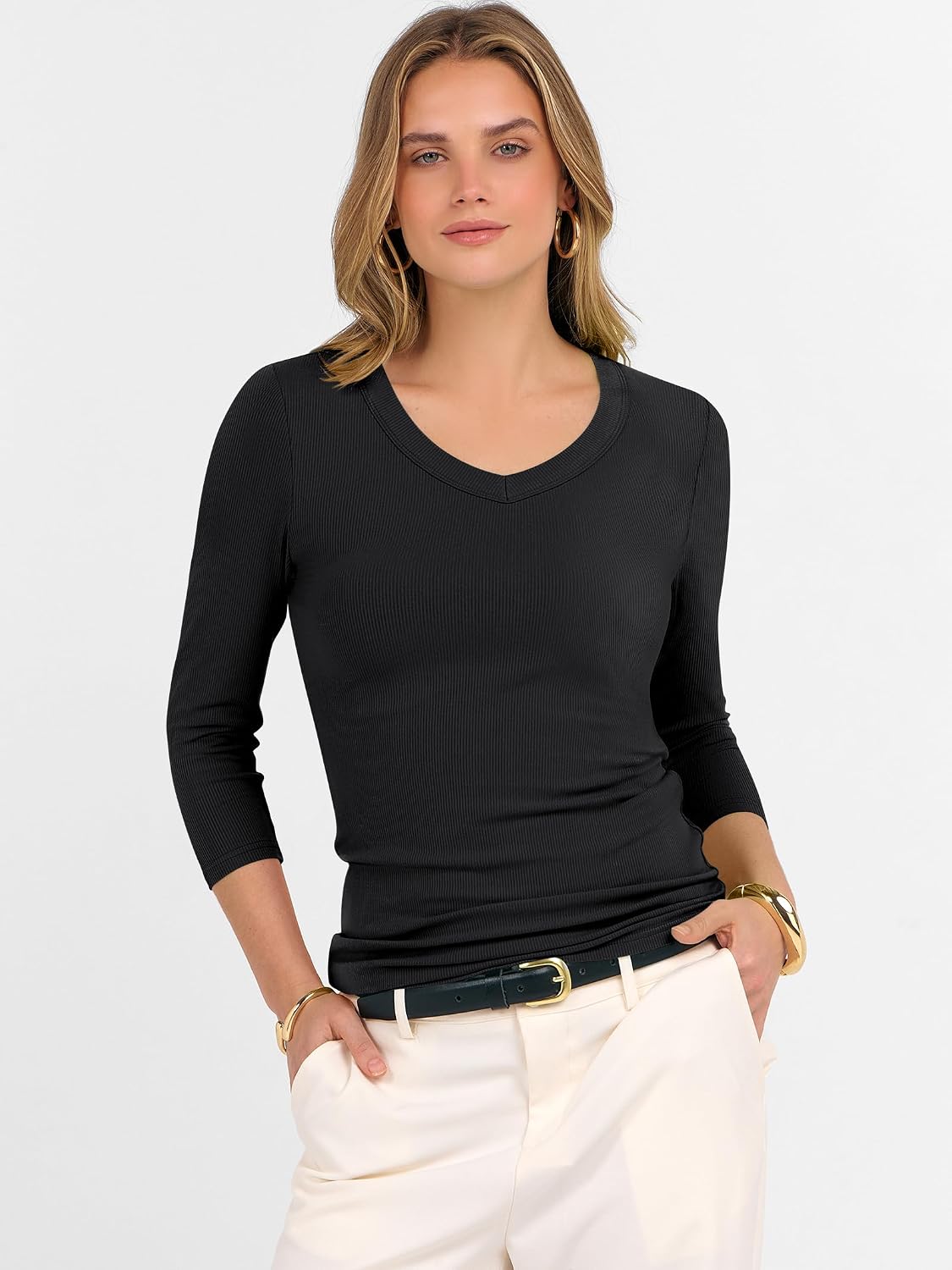 Thumbnail 2 de ANRABESS Women's 3/4 Sleeve Ribbed Knit Top with V-Neck — Slim Fit, Soft Medium Stretch
