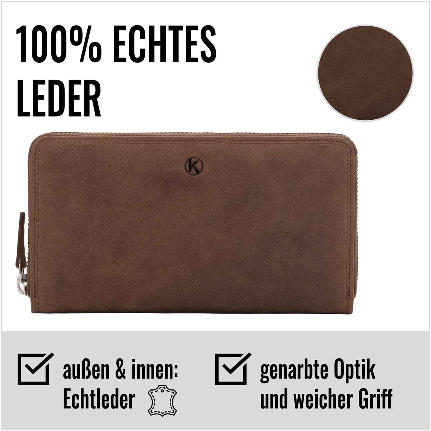 Detalle de KORUTA Geldbörse Damen Leder mit RFID-Schutz – Großes Portemonnaie aus Echtleder, Braun (Querformat)