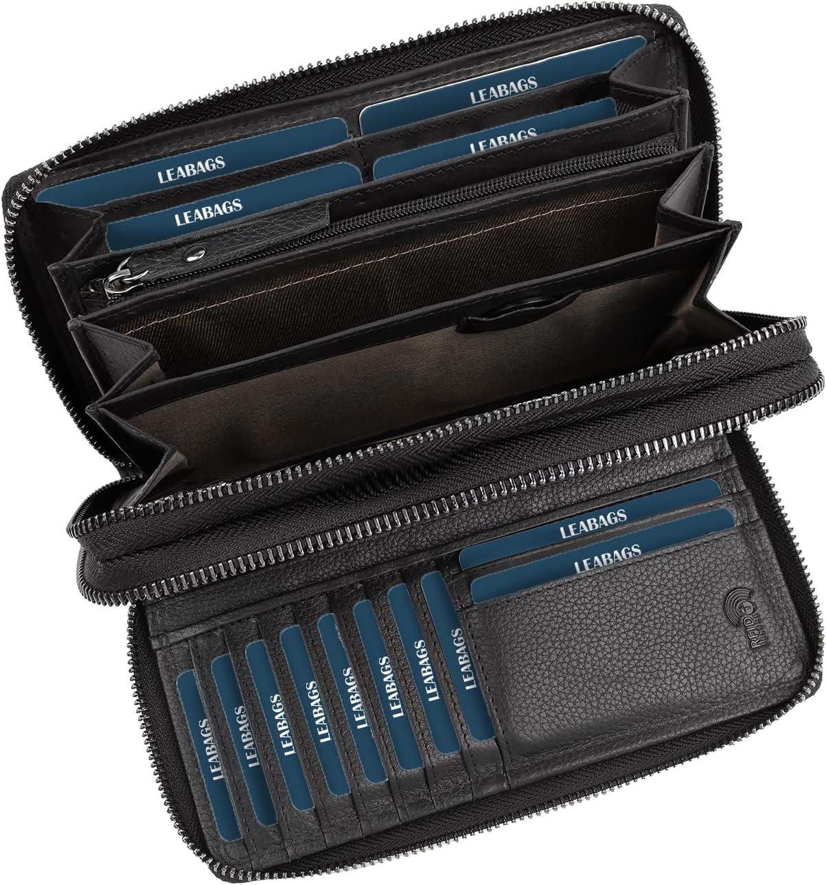 LEABAGS Damen-Leder-Geldbörse XXL mit RFID-/NFC-Schutz, Echtleder und großem Portemonnaie (29 Kartenfächer, doppelter Reißverschluss)