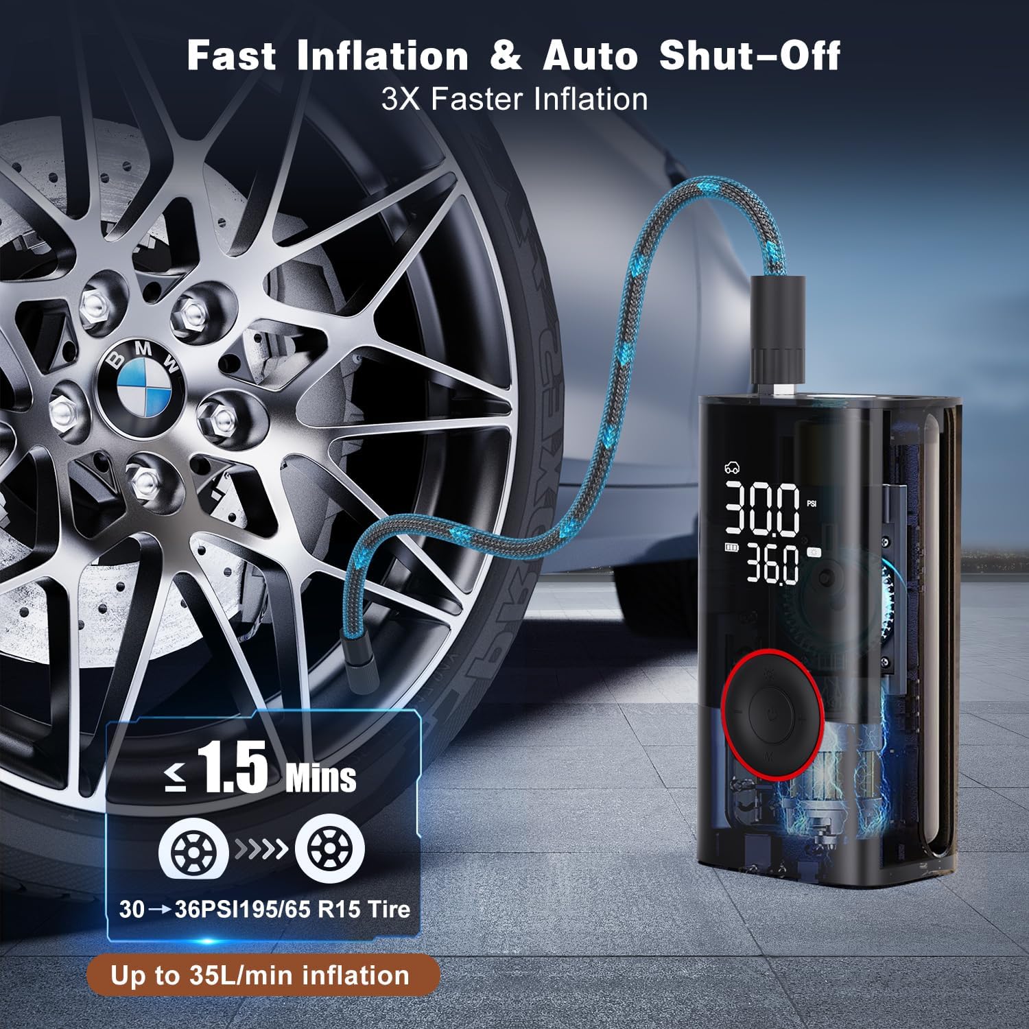 Detalle de Motorenbau Tire Inflator Portable Air Compressor — 150 PSI, 3X Faster Inflation with Auto Shutoff