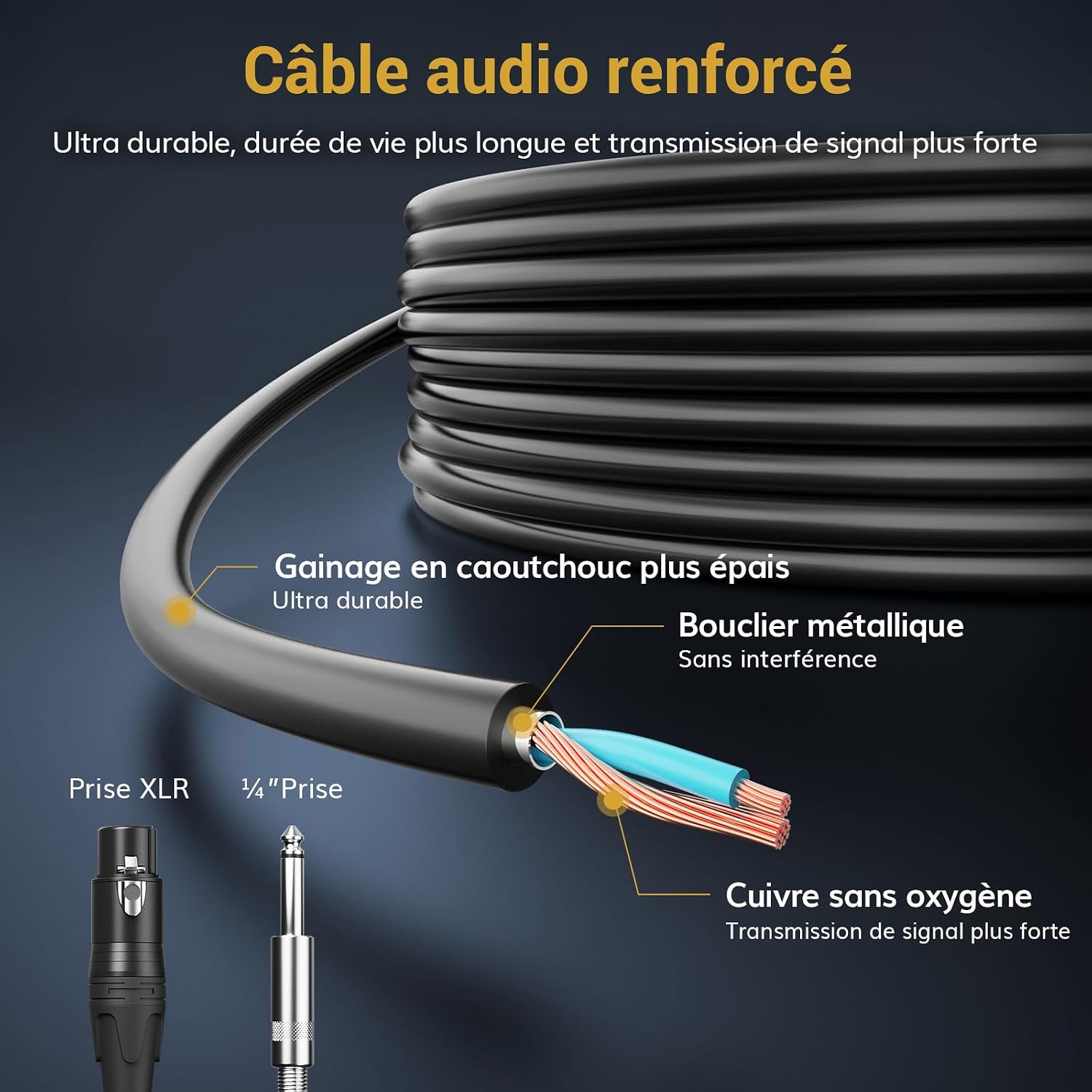 Detalle de TONOR D5 dynamische zangmicrofoon met stille schakelaar en XLR-kabel