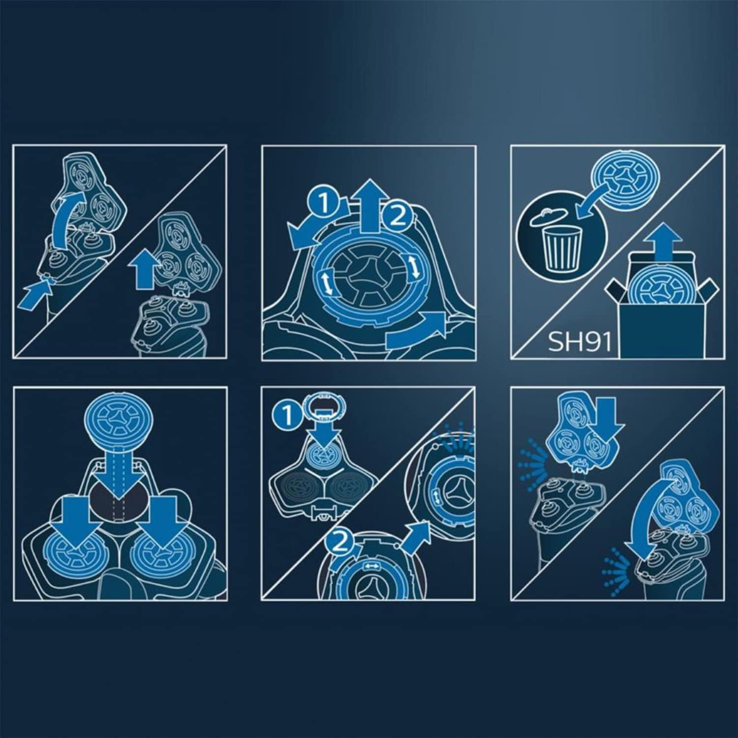 Thumbnail 4 de Testine di ricambio Philips SH91/50 per Philips Serie S8000, S9000 e 9000 Prestige (3 pezzi) Dual SteelPrecision