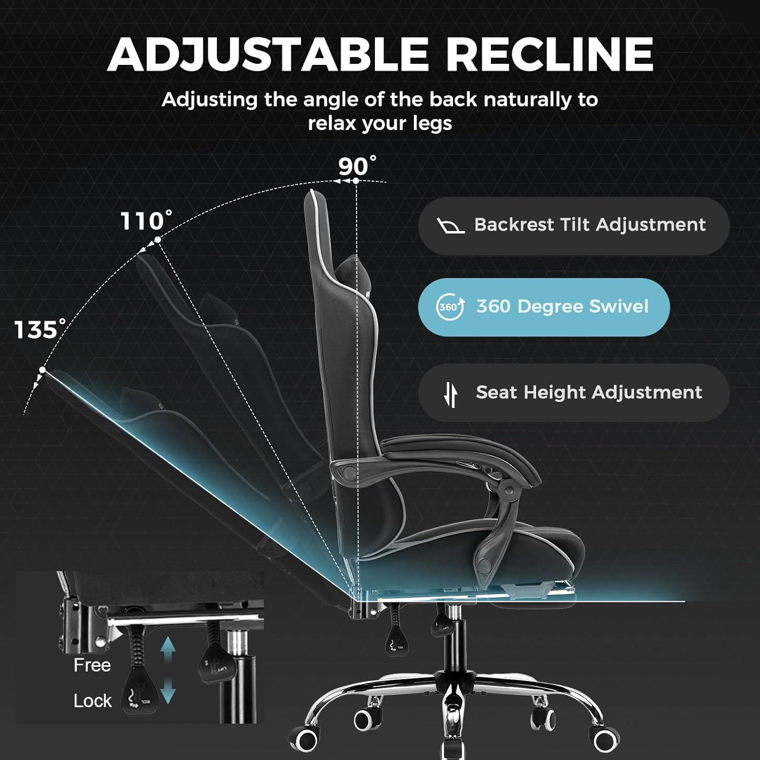Detalle de GTPLAYER Gaming Chair with Footrest, Lumbar Support, Headrest, and Height Adjustment (Black Faux Leather)
