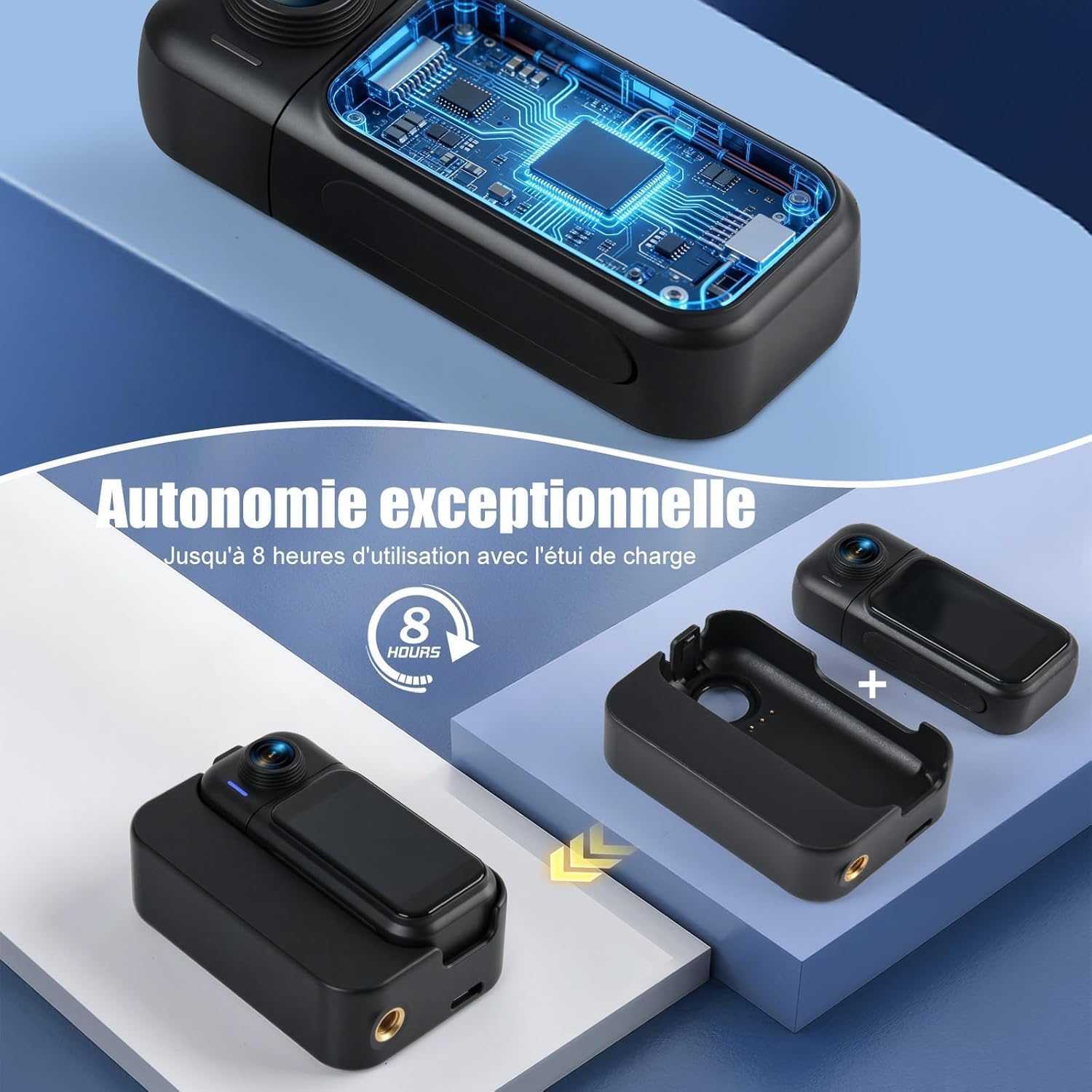 Detalle de Hiwoor Aktionskamera 360° — écran tactile, objectif rotatif 180°, grand angle 120°, étanche 30 m, kit 64 Go