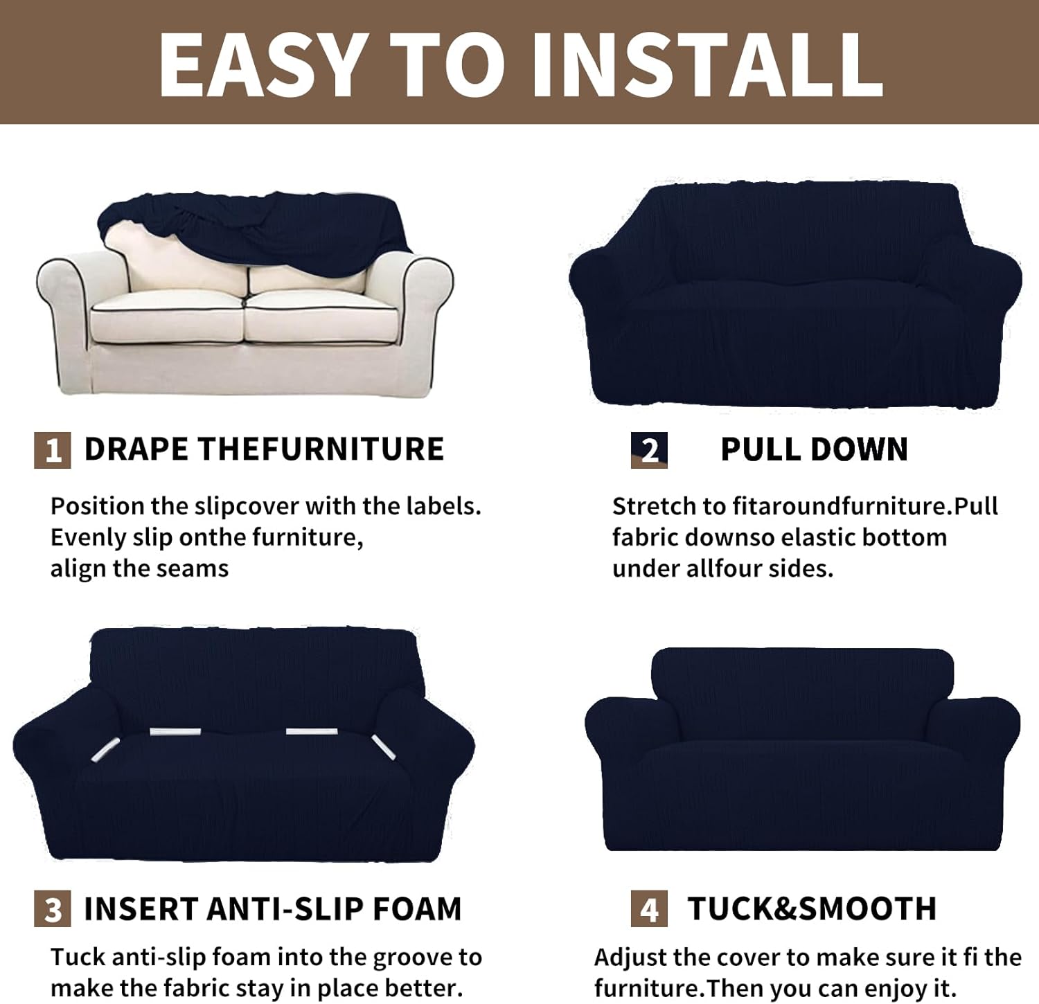 Thumbnail 6 de Ystyle housse de canapé extensible 4 places (231–279 cm) avec accoudoirs, bleu foncé, antidérapante et lavable