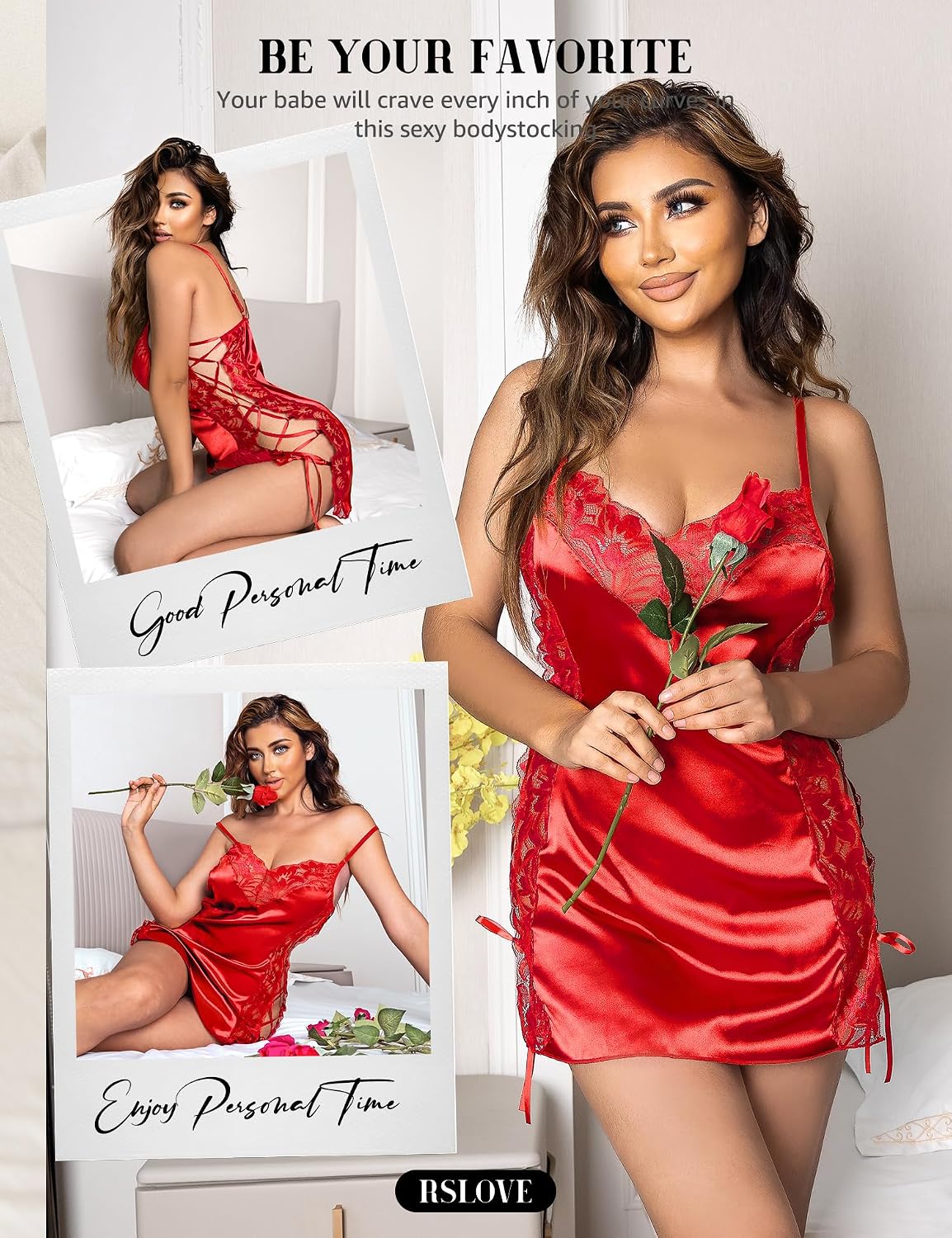 Detalle 2 de RSLOVE babydoll-nattlinne för dam med spets