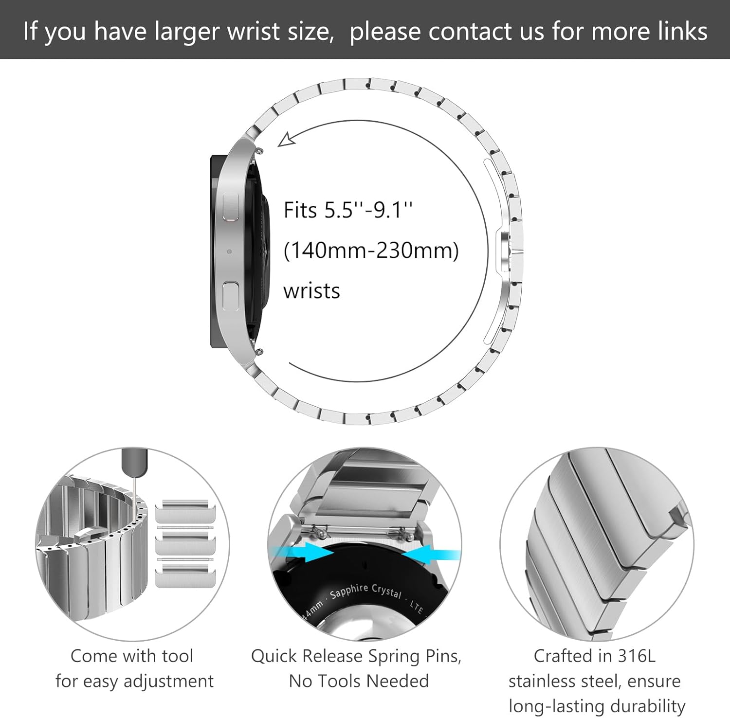 Detalle de KADES stainless steel replacement watch band for Samsung Galaxy Watch (40mm/44mm & select Classic sizes)