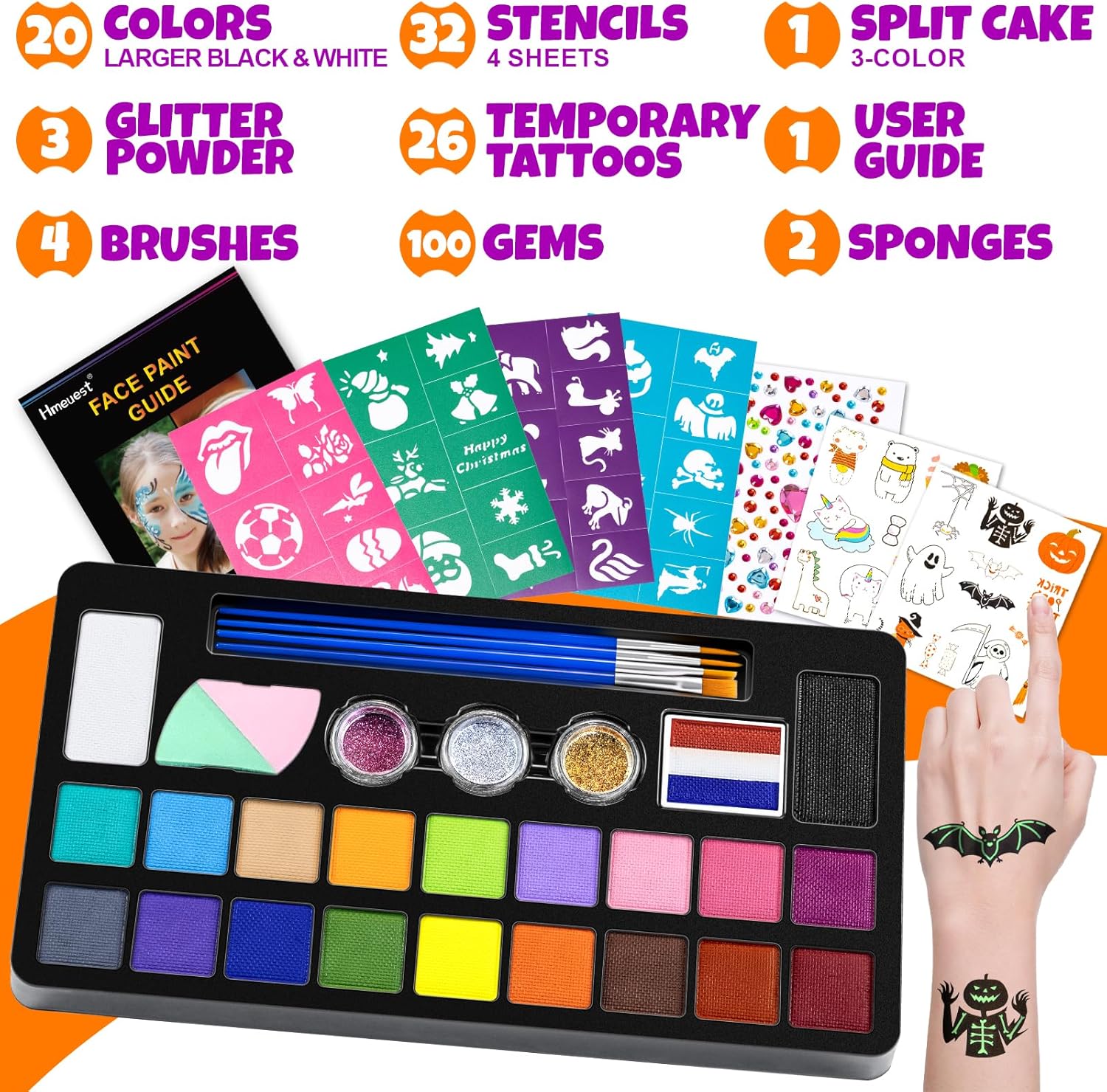 Thumbnail 2 de Face Painting Kit (20 water-based paints) with stencils, glitter and temporary tattoos for children