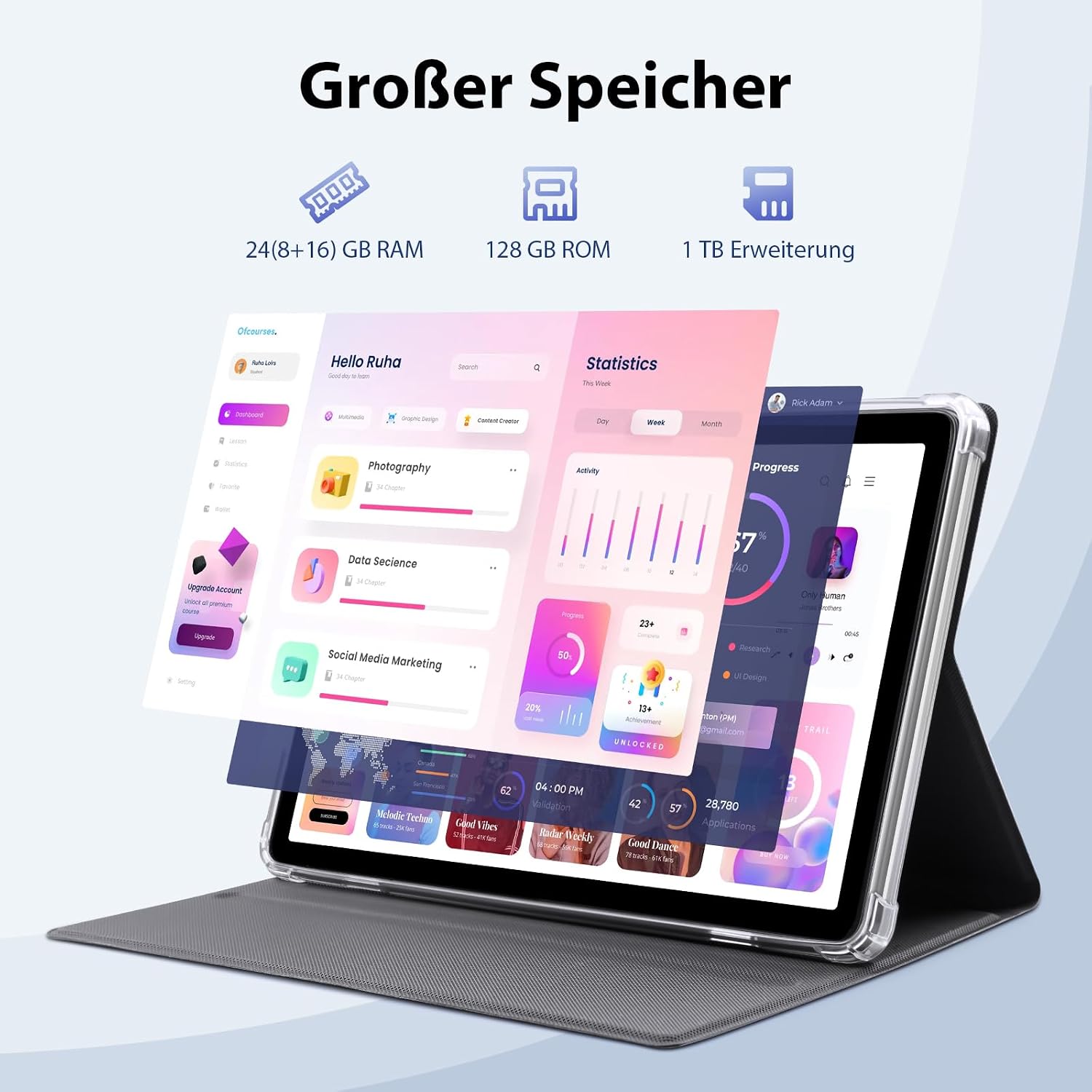 Detalle de Tablet 10 Zoll Android 15 mit Hülle, Maus & Tastatur, Octa-Core, 24 GB RAM + 128 GB ROM + 1 TB TF, 1280x800 HD IPS-Display