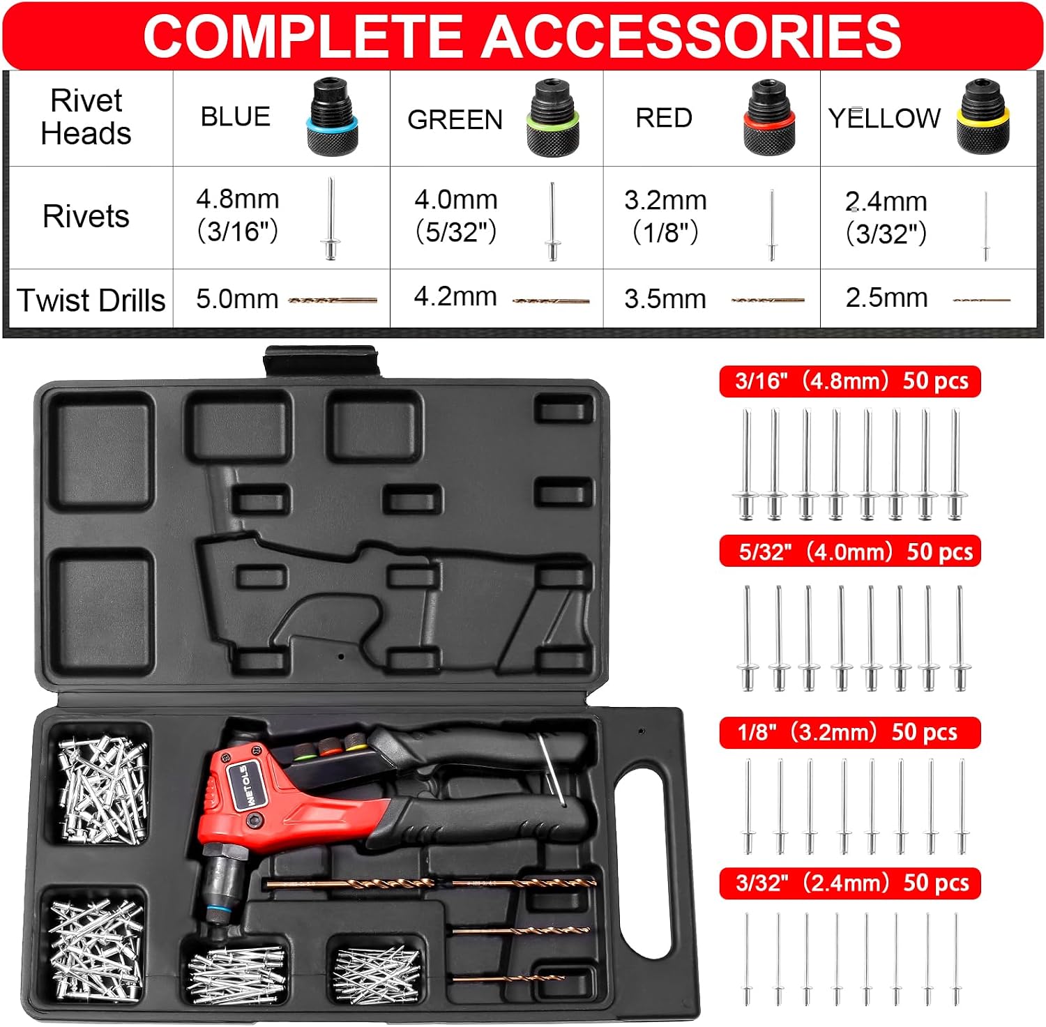 Thumbnail 2 de WETOLS WE-888 Pop Rivet Gun Kit, 4 Heads and 200 Rivets