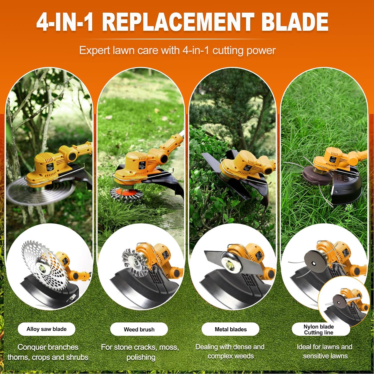 Detalle 2 de Rasentrimmer mit Akku und Unkrautbürste für Makita-Akkus – 4 Klingentypen, LCD-Anzeige, 2x4Ah, 750W