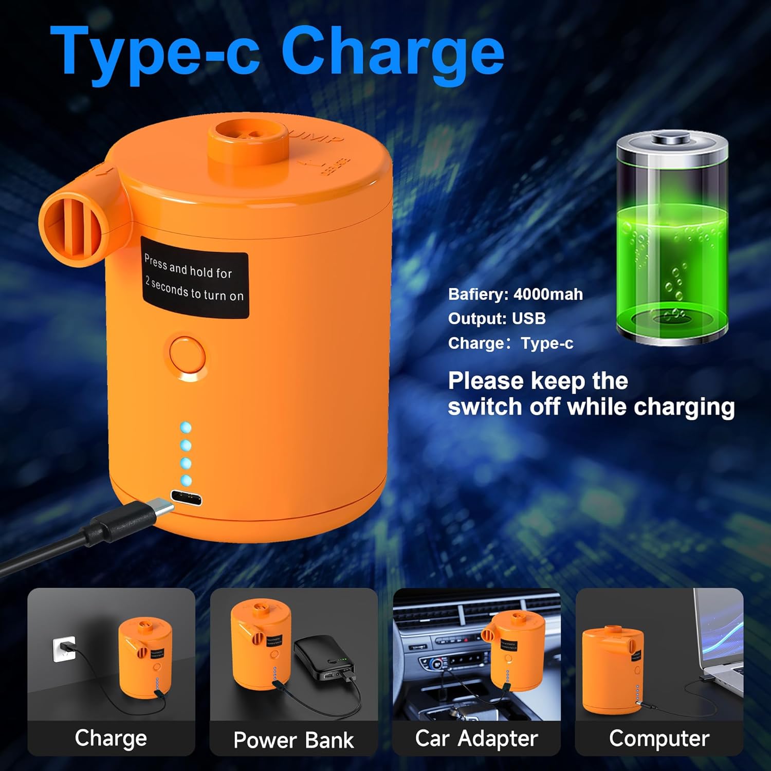Detalle de Electric Air Pump for Inflatables (4000mAh) – Cordless pump with 3 nozzles for airbeds, paddling pools and more