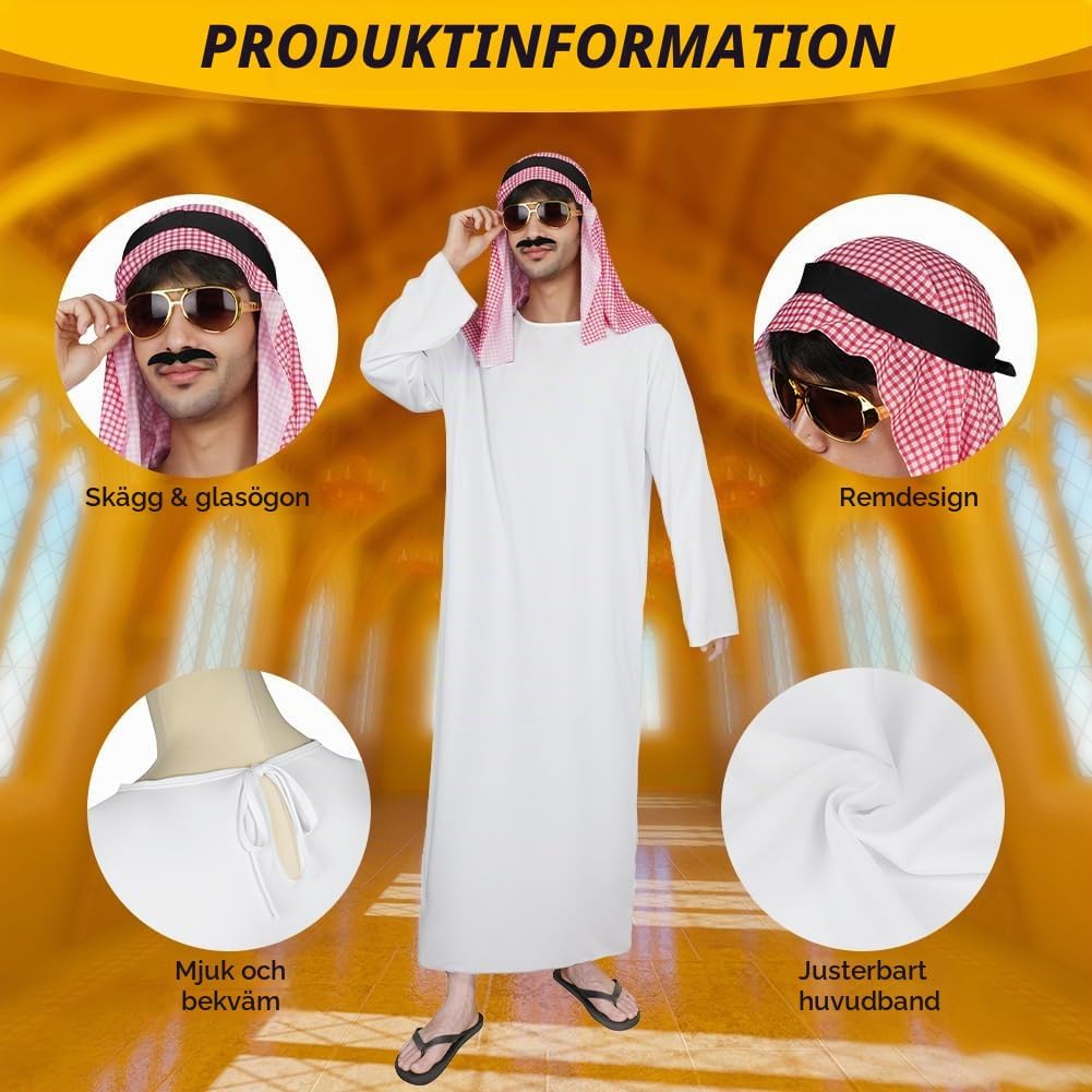 Detalle 1 de BSBUY arabisk shejkdräkt för vuxna med huvudduk och maskeradaccessoarer