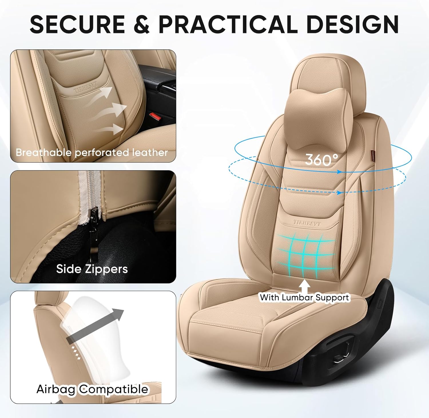 Thumbnail 6 de TIEHESYT Beige Car Seat Covers Full Set: Breathable Leather Comfort for Most Cars