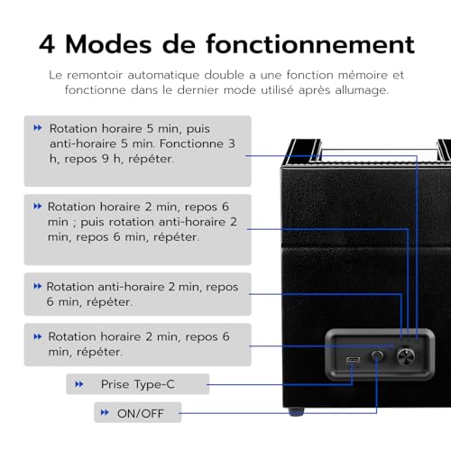 Detalle de Mcbazel Double Remontoir de Montre – Boîte à Montre à Double Position en Cuir PU, USB et LED bleue, 5 Modes