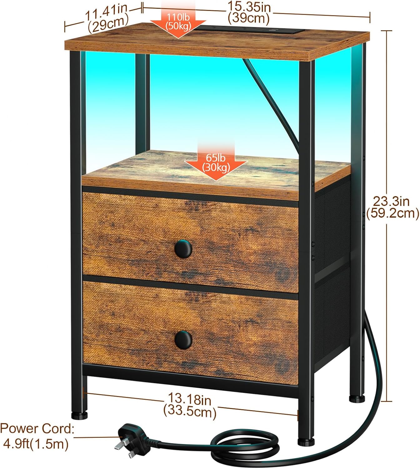 Detalle de AMHANCIBLE Night Stand Set of 2 with LED Lighting & Charging Station (UHETS02PBR)