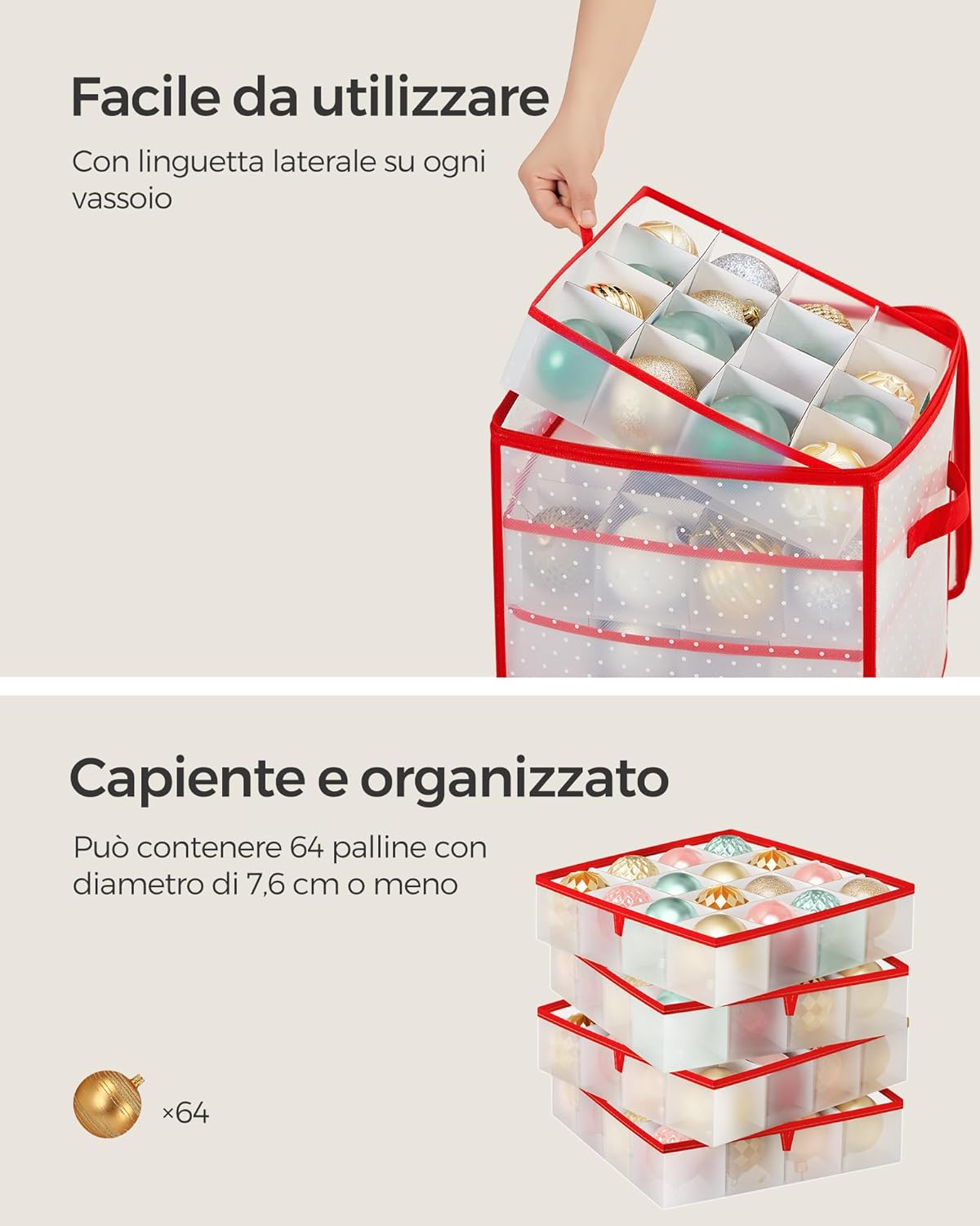 Detalle 2 de SONGMICS Contenitore per palline di Natale 64 posti