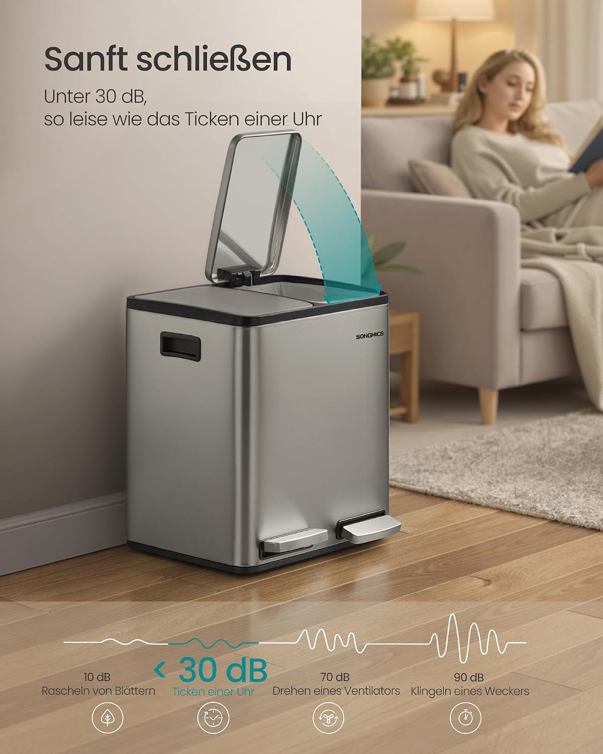 Detalle de SONGMICS Mülleimer Küche LTB130EZ01 – 2 x 15 L, Mülltrennsystem, Softclose, Edelstahl