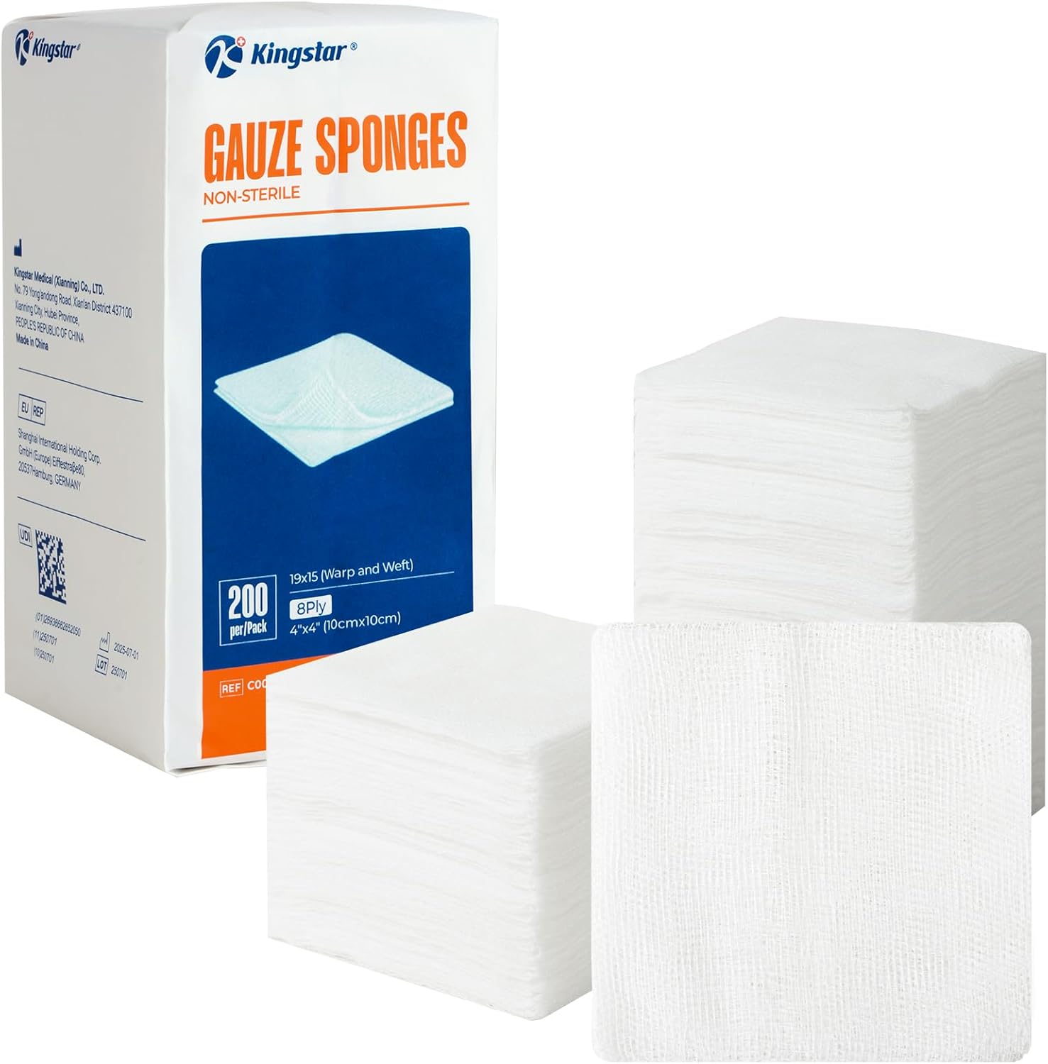 Detalle de Kingstar 4 x 4 Inch 8-Ply Cotton Gauze Sponges, 200 Count