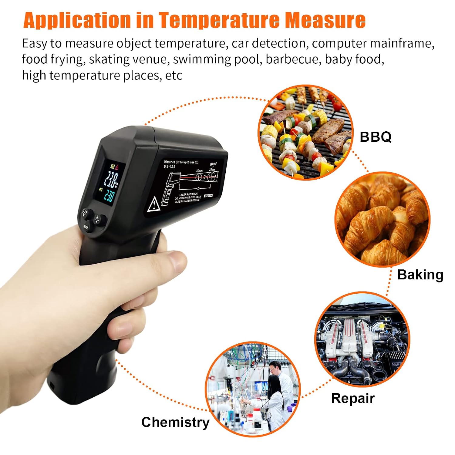 Detalle 2 de Ahosoutly Laser Infrared Temperature Gun Thermometer (Cal Function, Adjustable Emissivity) -58°F to 1112°F