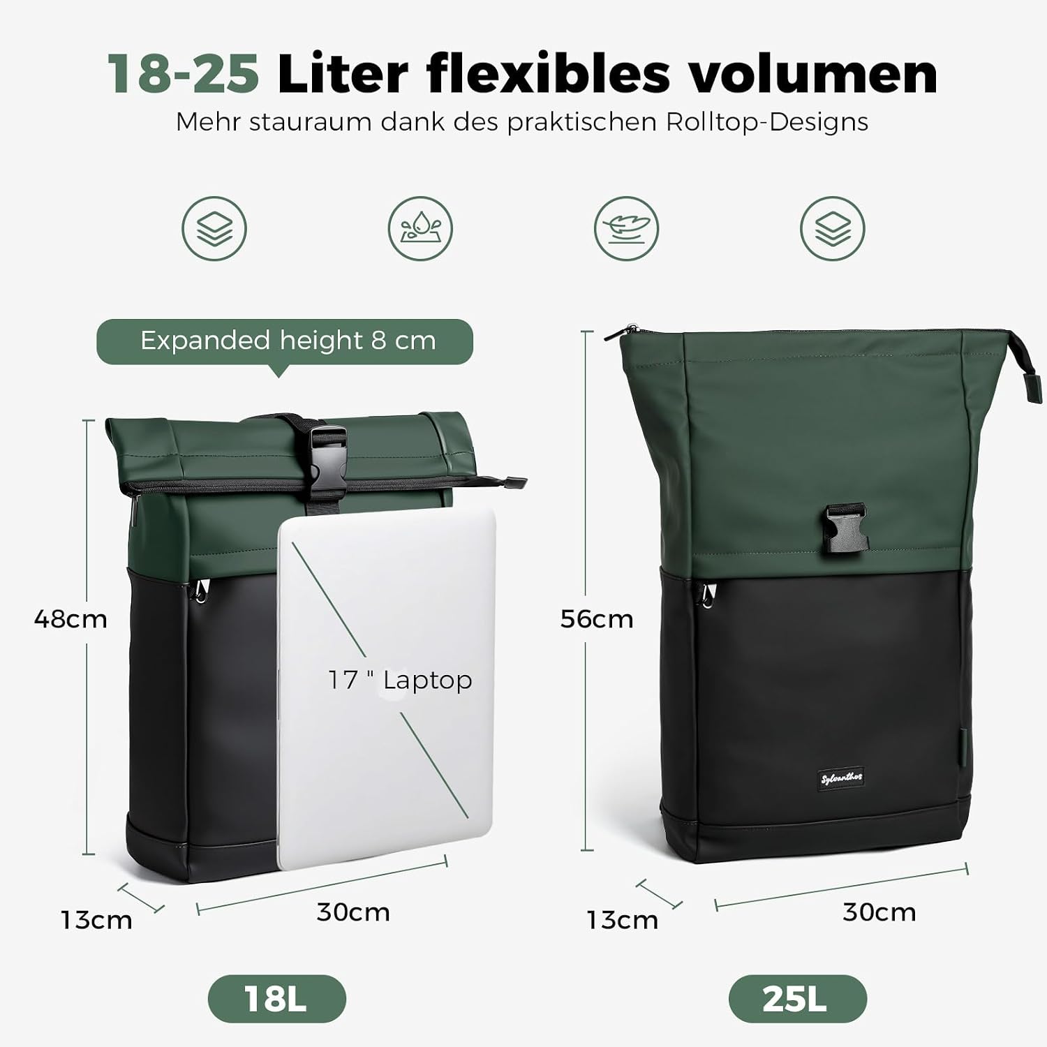 Thumbnail 2 de Sylvanthos Wasserdicht Rucksack: Laptop Rolltop 18–25L, Diebstahlsicher, Grün
