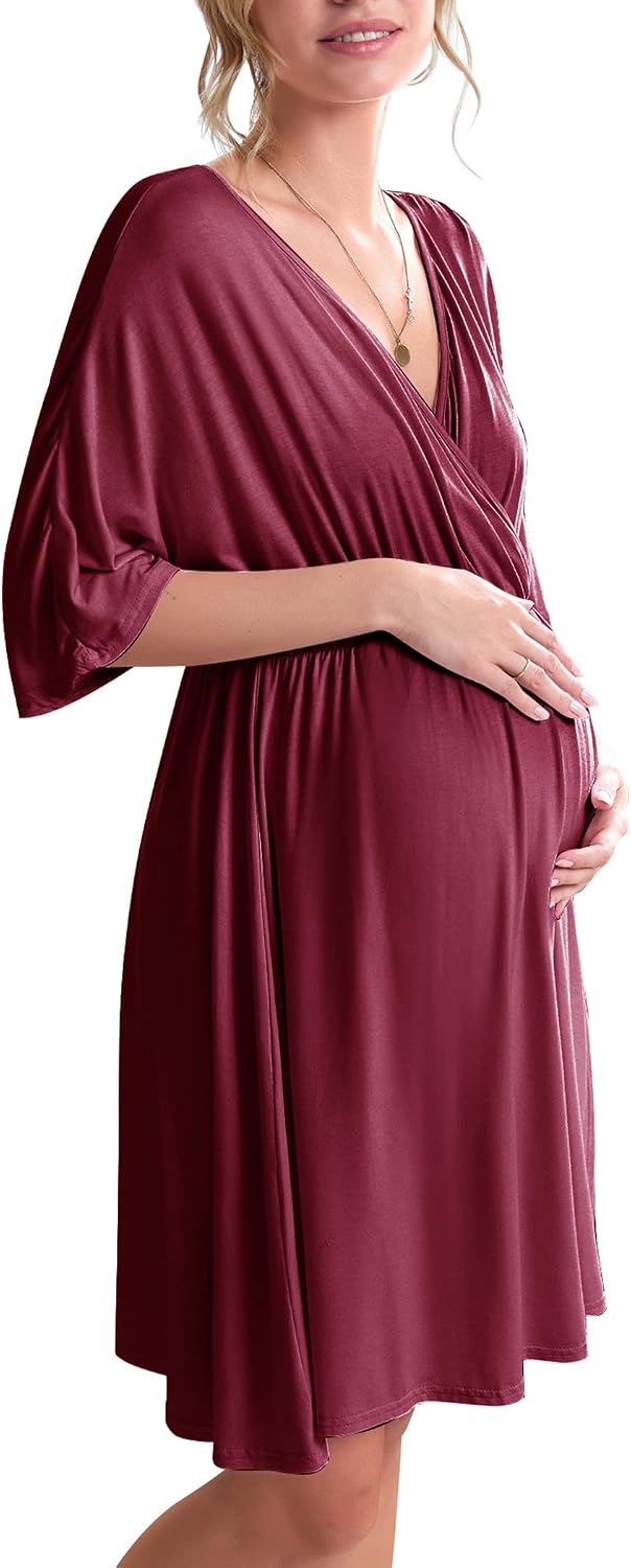 Detalle de Ekouaer AMK005435 3-in-1 Maternity Nursing Gown with Split Front Flap